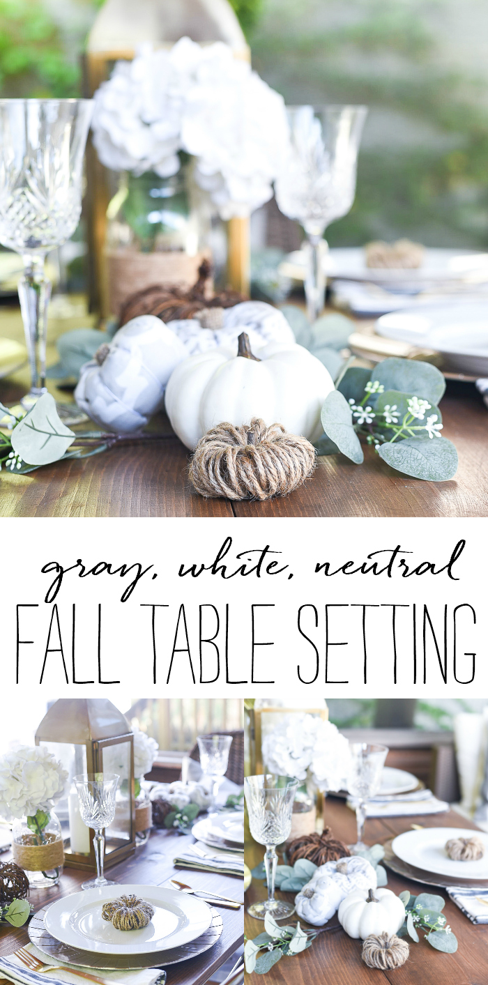 Fall Table Setting in Gray, White, Jute, Neutral - Thanksgiving Table Setting Idea - Pumpkin Centerpiece Idea - Pumpkin Table Setting Idea