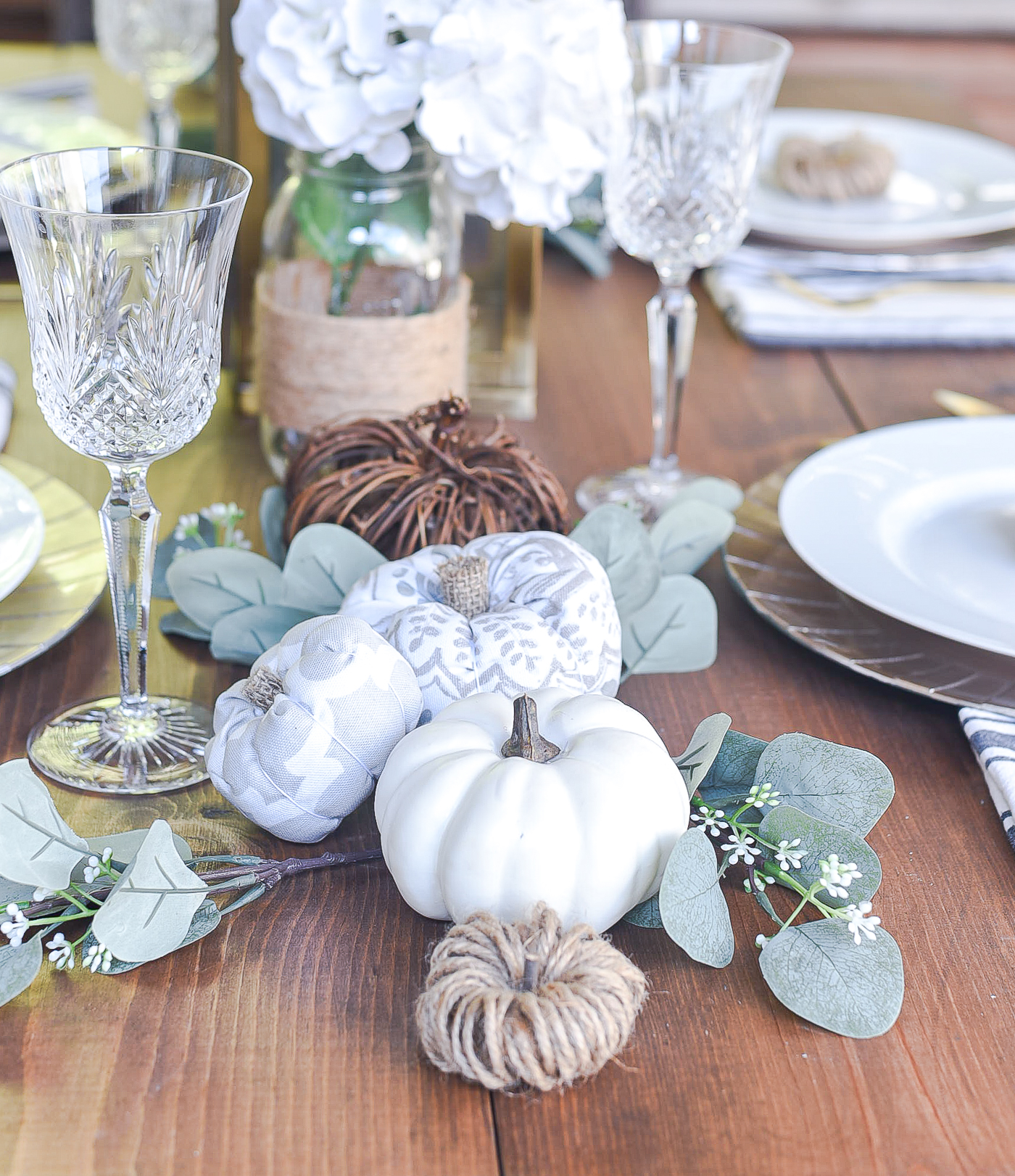 Fall Table Setting in Gray, White, Jute, Neutral - Thanksgiving Table Setting Idea - Pumpkin Centerpiece Idea - Pumpkin Table Setting Idea