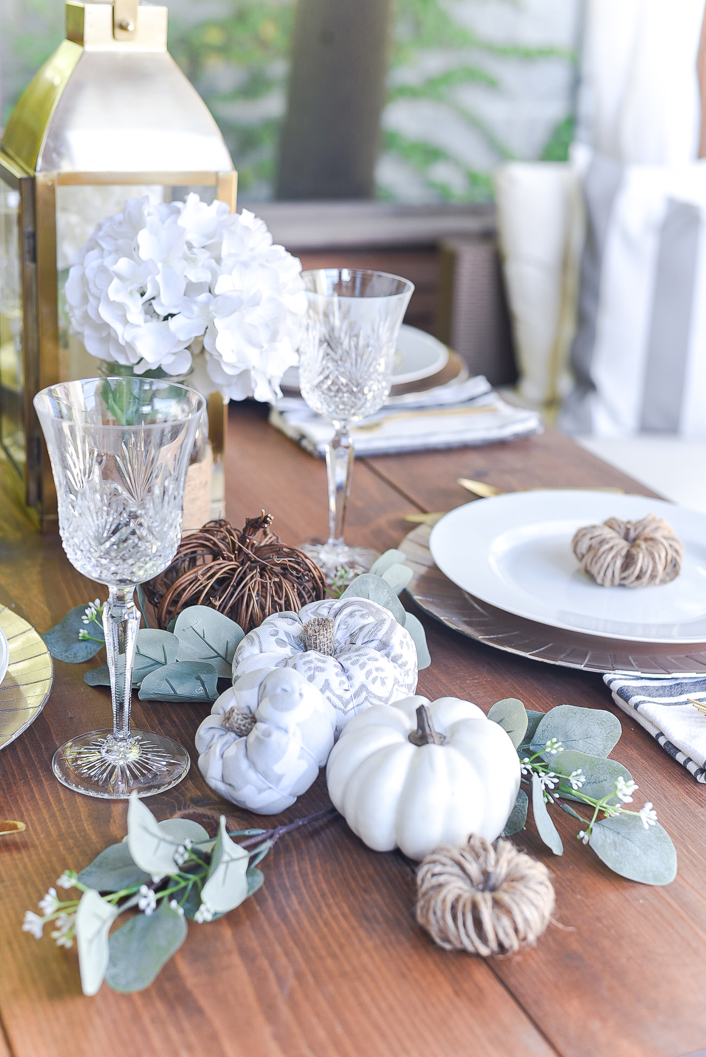 Fall Table Setting in Gray, White, Jute, Neutral - Thanksgiving Table Setting Idea - Pumpkin Centerpiece Idea - Pumpkin Table Setting Idea