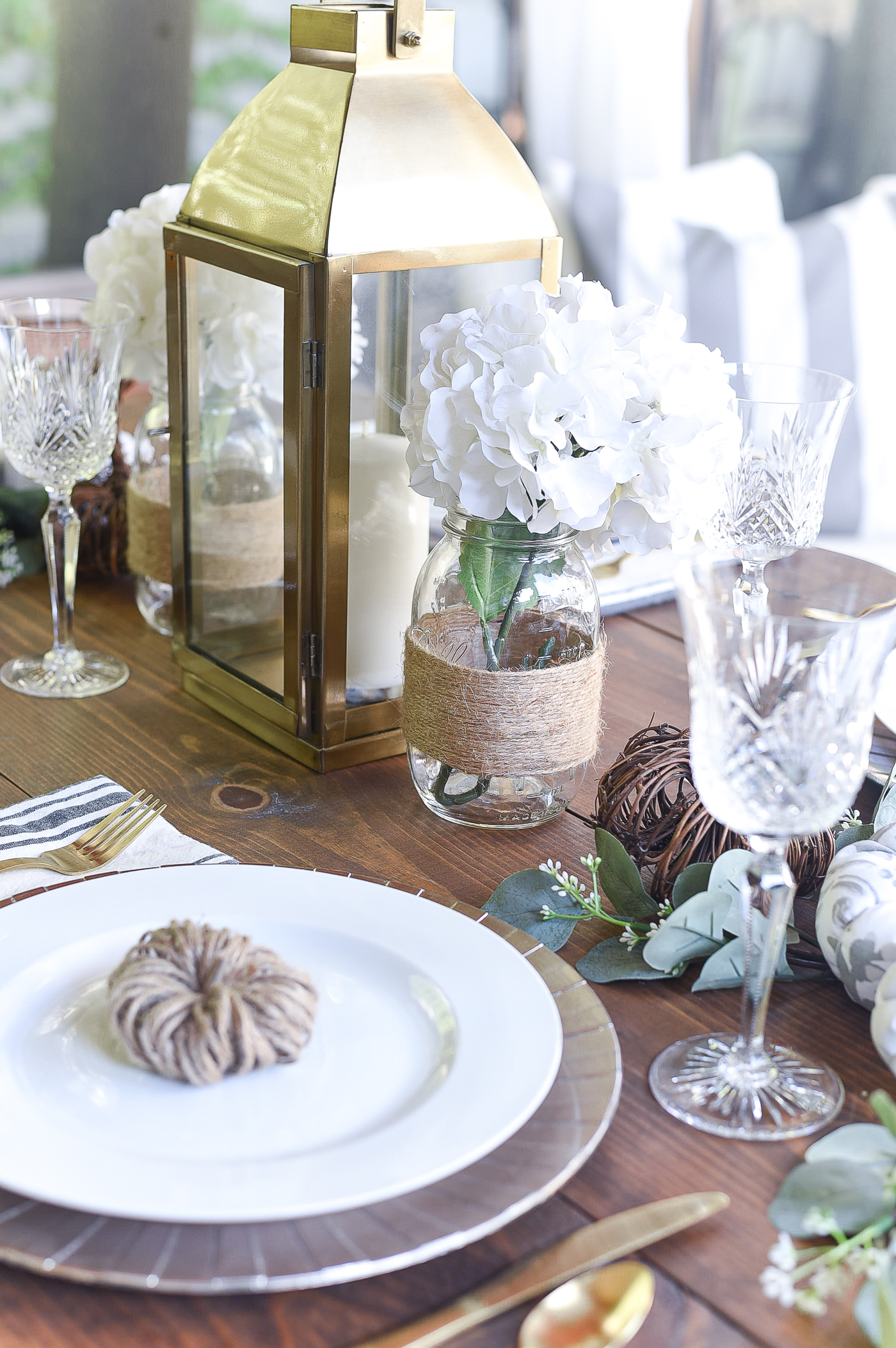 Fall Table Setting in Gray, White, Jute, Neutral - Thanksgiving Table Setting Idea - Pumpkin Centerpiece Idea - Pumpkin Table Setting Idea