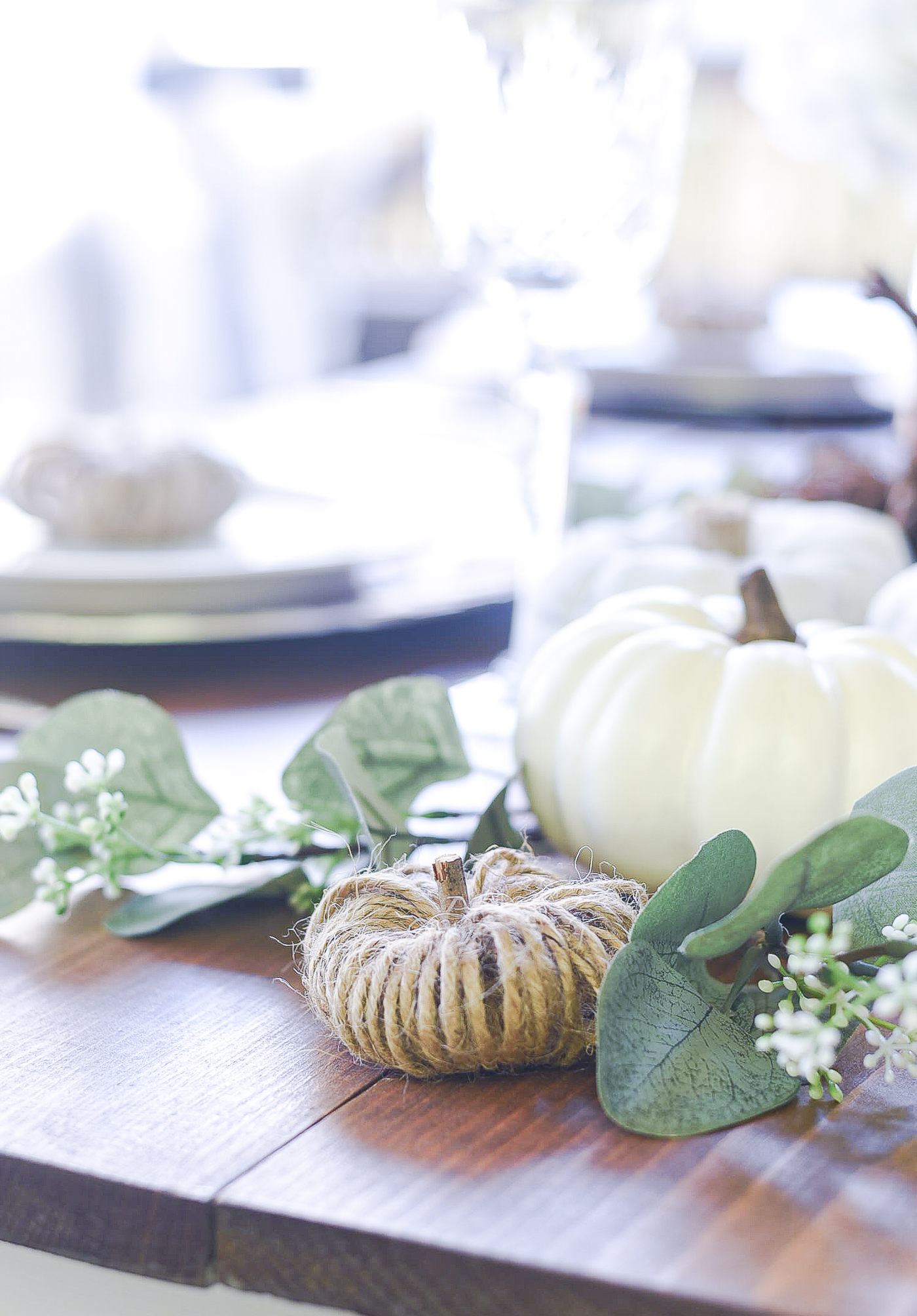 Thanksgiving Table Setting Idea - Pumpkin Centerpiece Idea - Pumpkin Table Setting Idea - Fall Table Setting in Gray, White, Jute, Neutral - 