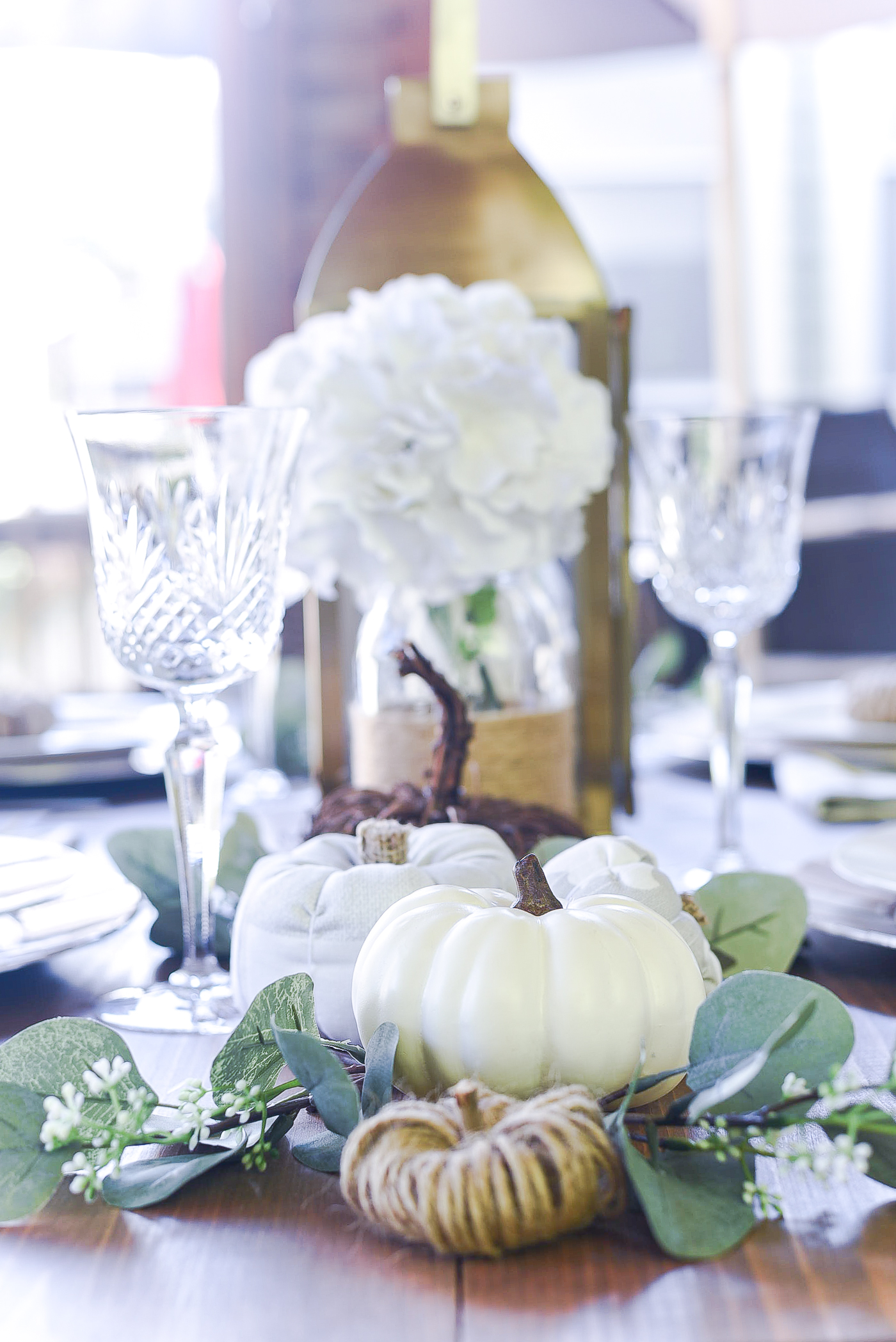 Fall Table Setting in Gray, White, Jute, Neutral - Thanksgiving Table Setting Idea - Pumpkin Centerpiece Idea - Pumpkin Table Setting Idea