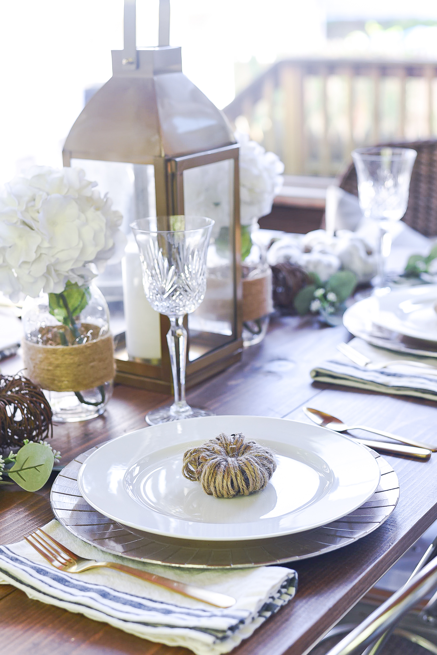 Fall Table Setting in Gray, White, Jute, Neutral - Thanksgiving Table Setting