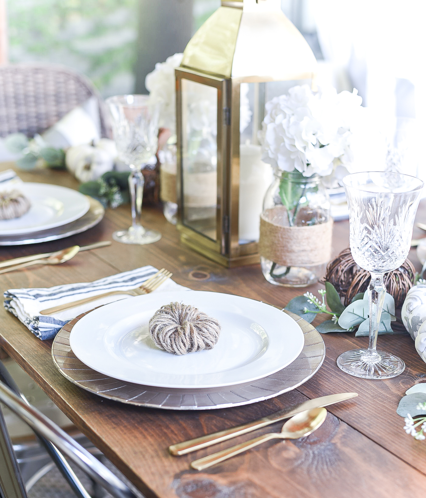 Fall Table Setting in Gray, White, Jute, Neutral - Thanksgiving Table Setting Idea - Pumpkin Centerpiece Idea - Pumpkin Table Setting Idea