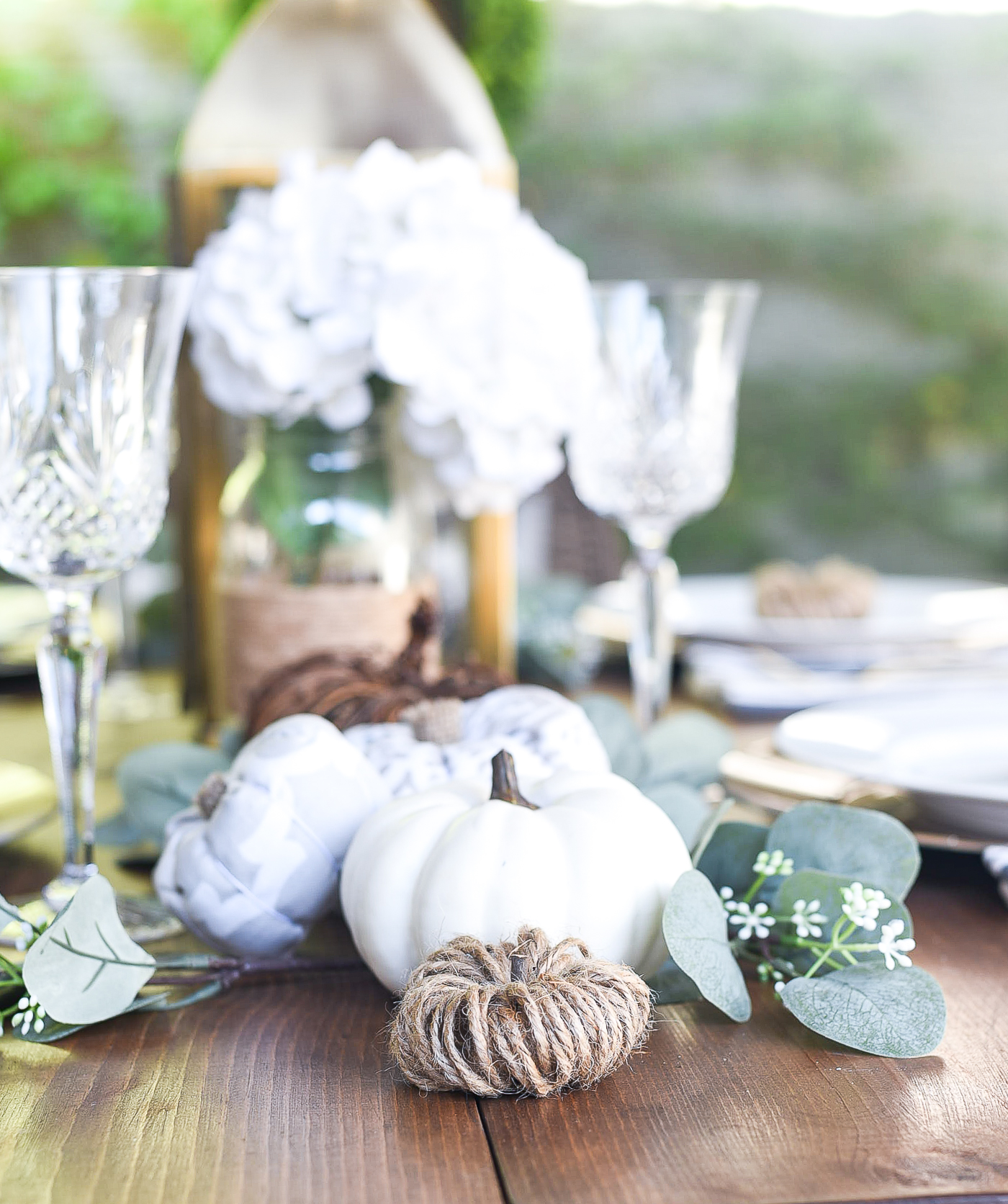 Fall Table Setting in Gray, White, Jute, Neutral - Thanksgiving Table Setting Idea - Pumpkin Centerpiece Idea - Pumpkin Table Setting Idea