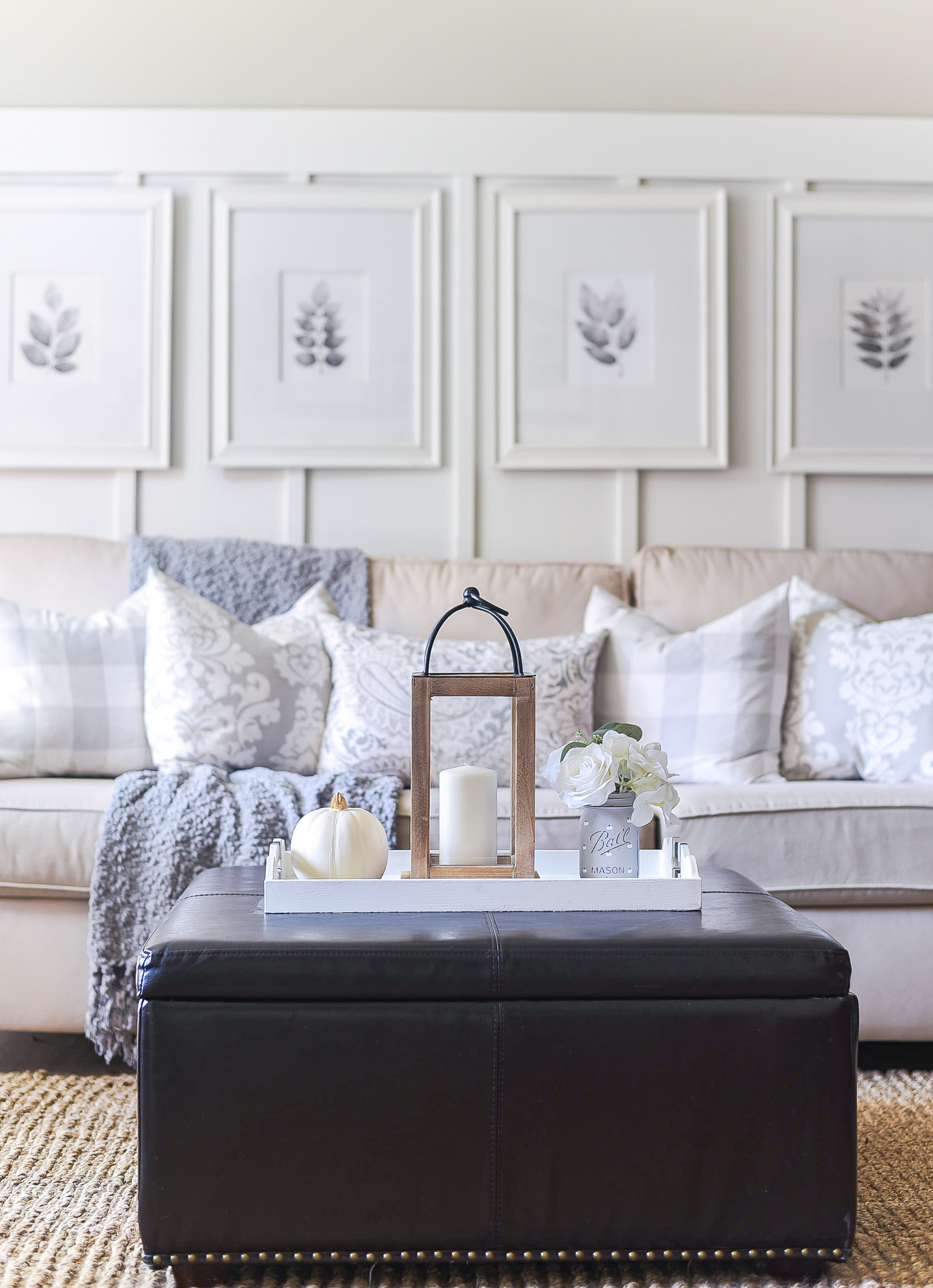 Fall in the Living Room - Neutral Fall Decor in White, Gray, Jute, Greige