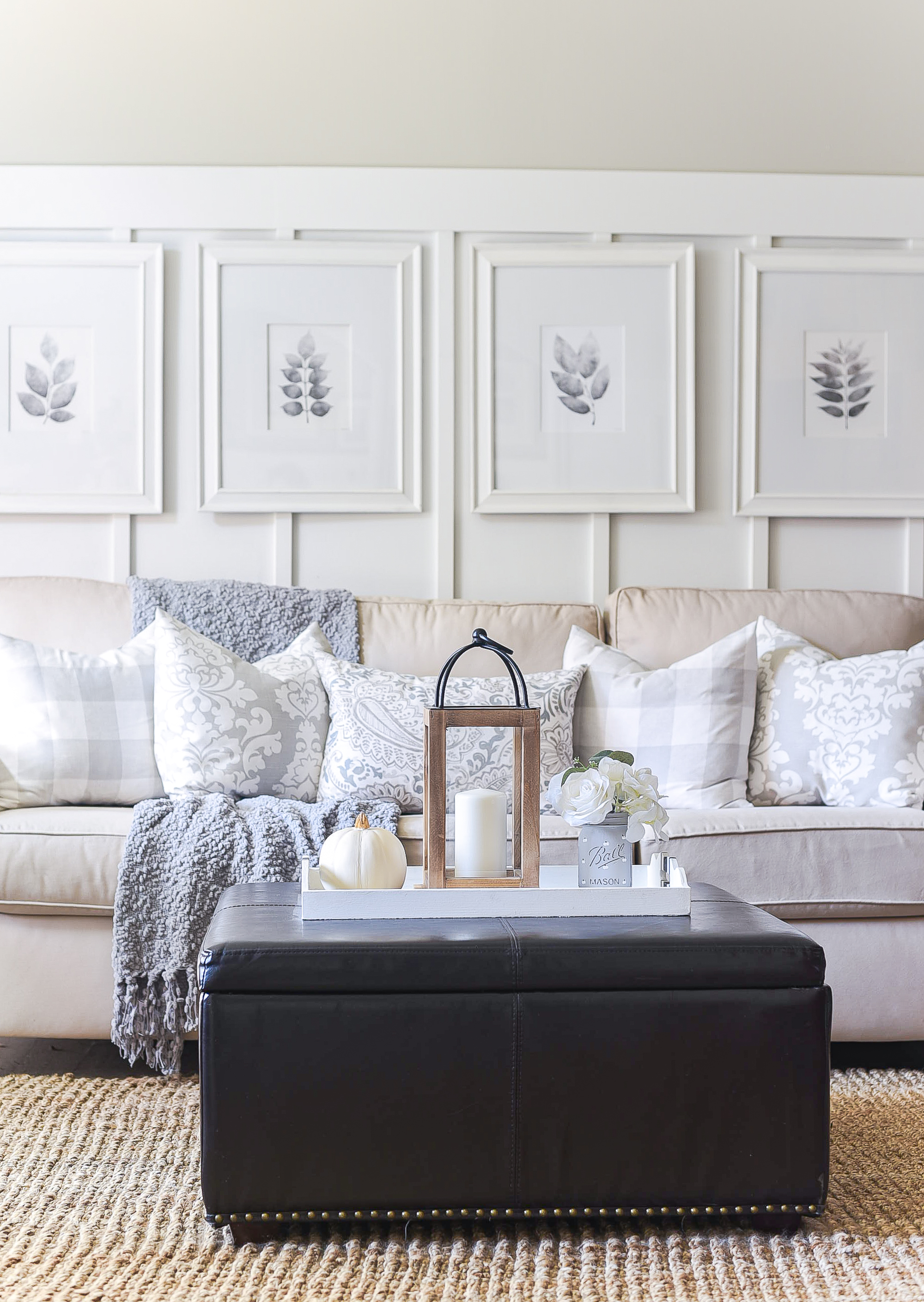 Fall in the Living Room - Neutral Fall Decor in White, Gray, Jute, Greige