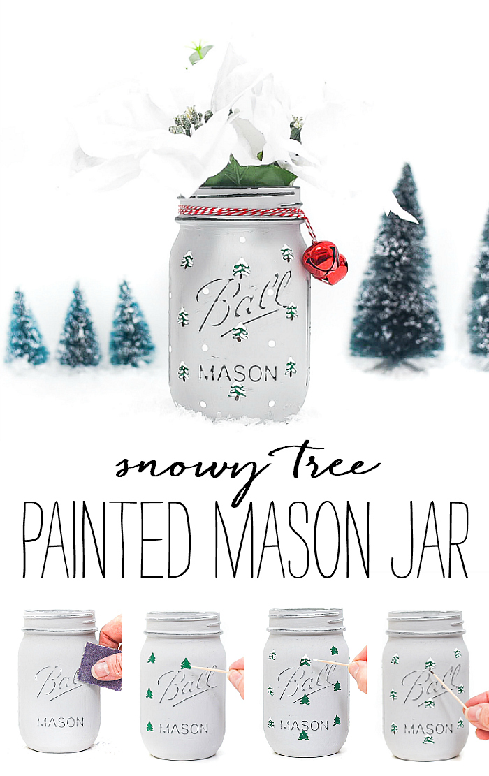 Snowy Tree Painted Mason Jar - Winter Mason Jar Crafts - Christmas Tree Mason Jar. Painted snowy tree mason jar. Christmas tree mason jar craft. How to paint evergreen trees on mason jars. How to paint snowy Christmas trees. Winter craft mason jar.