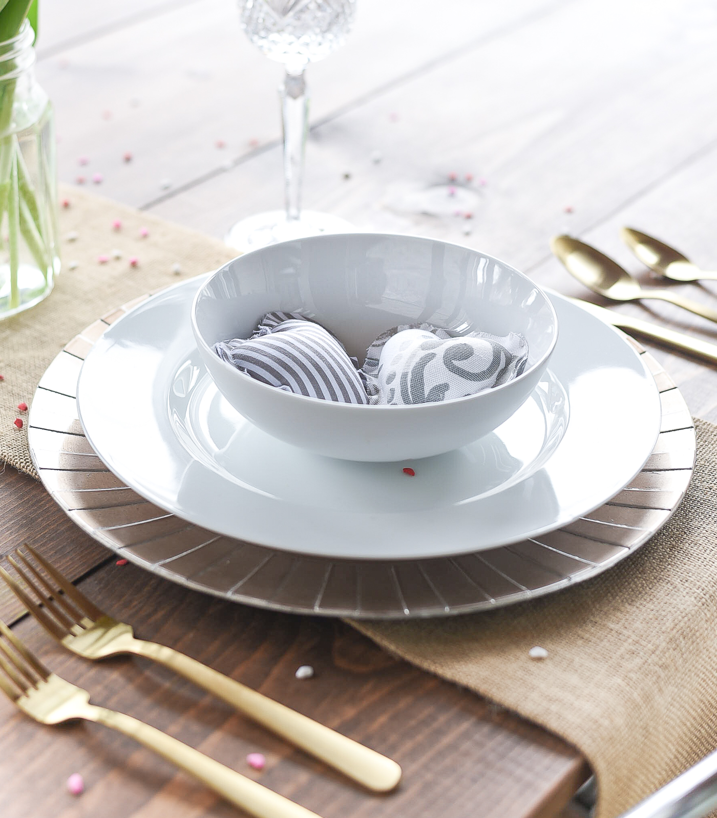 Simple, Neutral Valentine Table - Valentine Table Setting in Gray, White, Pink