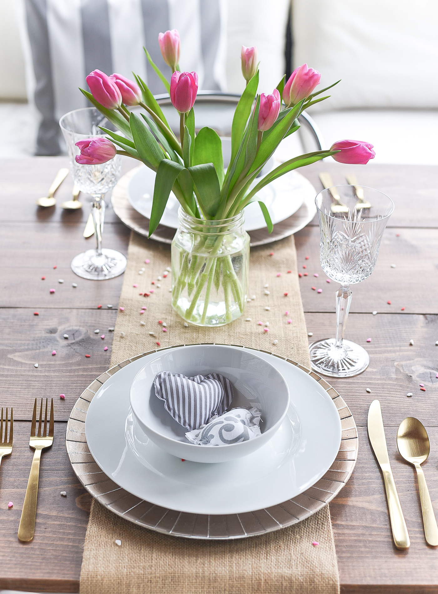 Neutral Valentine Table - Gray, White, Burlap, Gold Valentine Table Setting and Decor - Simple, Neutral Valentine Table - Valentine Table Setting in Gray, White, Pink