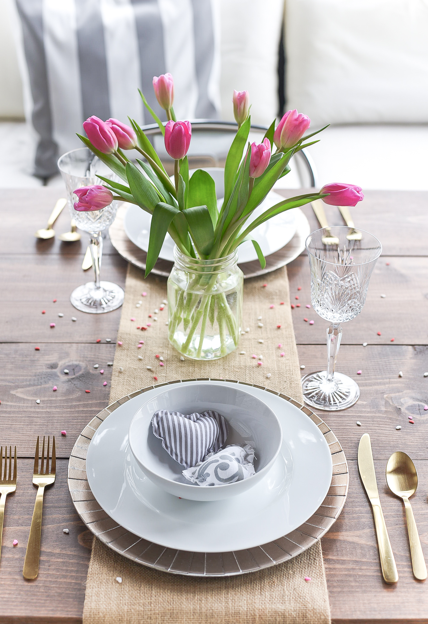 Neutral Valentine Table - Gray, White, Burlap, Gold Valentine Table Setting and Decor - Simple, Neutral Valentine Table - Valentine Table Setting in Gray, White, Pink