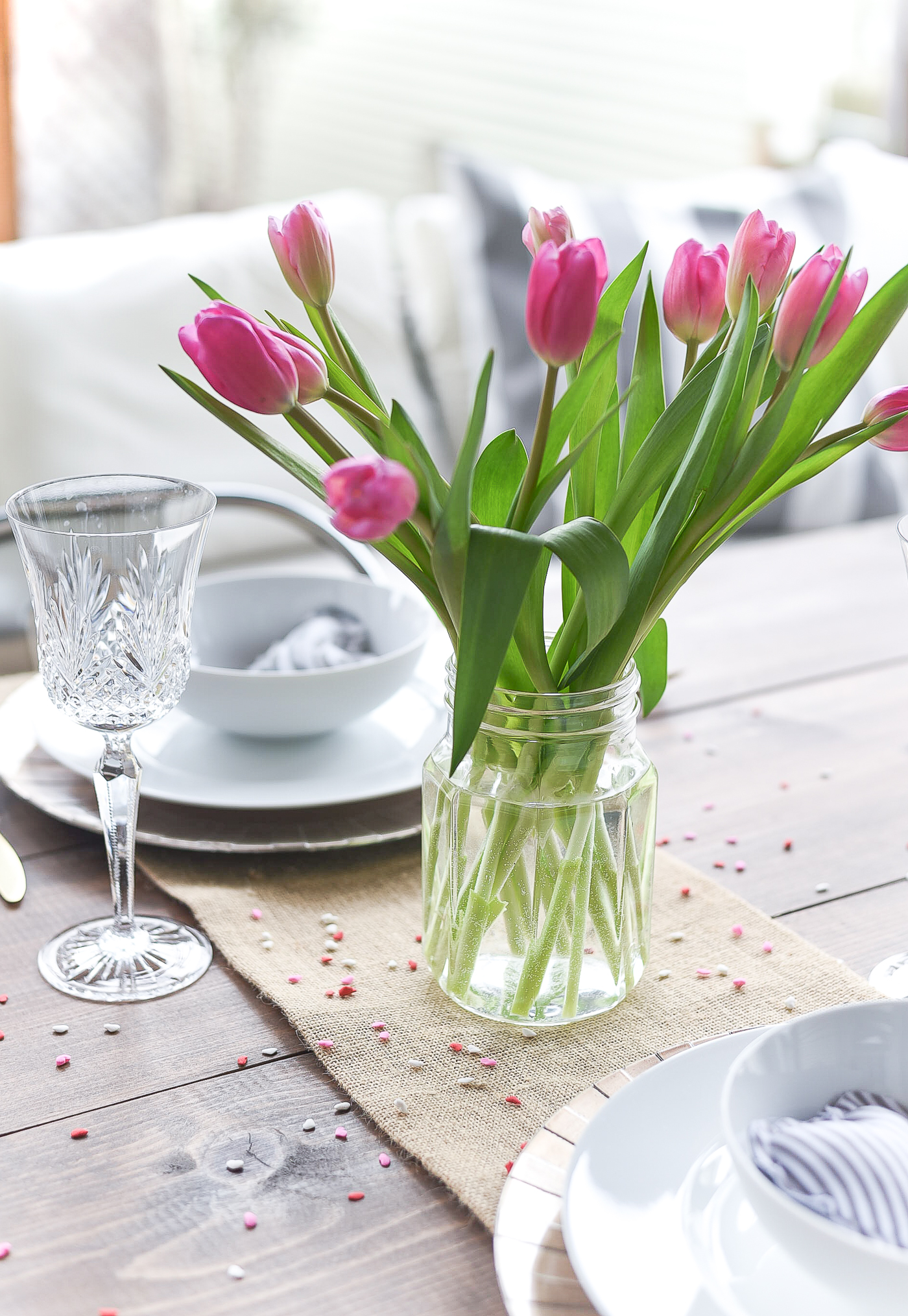 Simple, Neutral Valentine Table - Valentine Table Setting in Gray, White, Pink