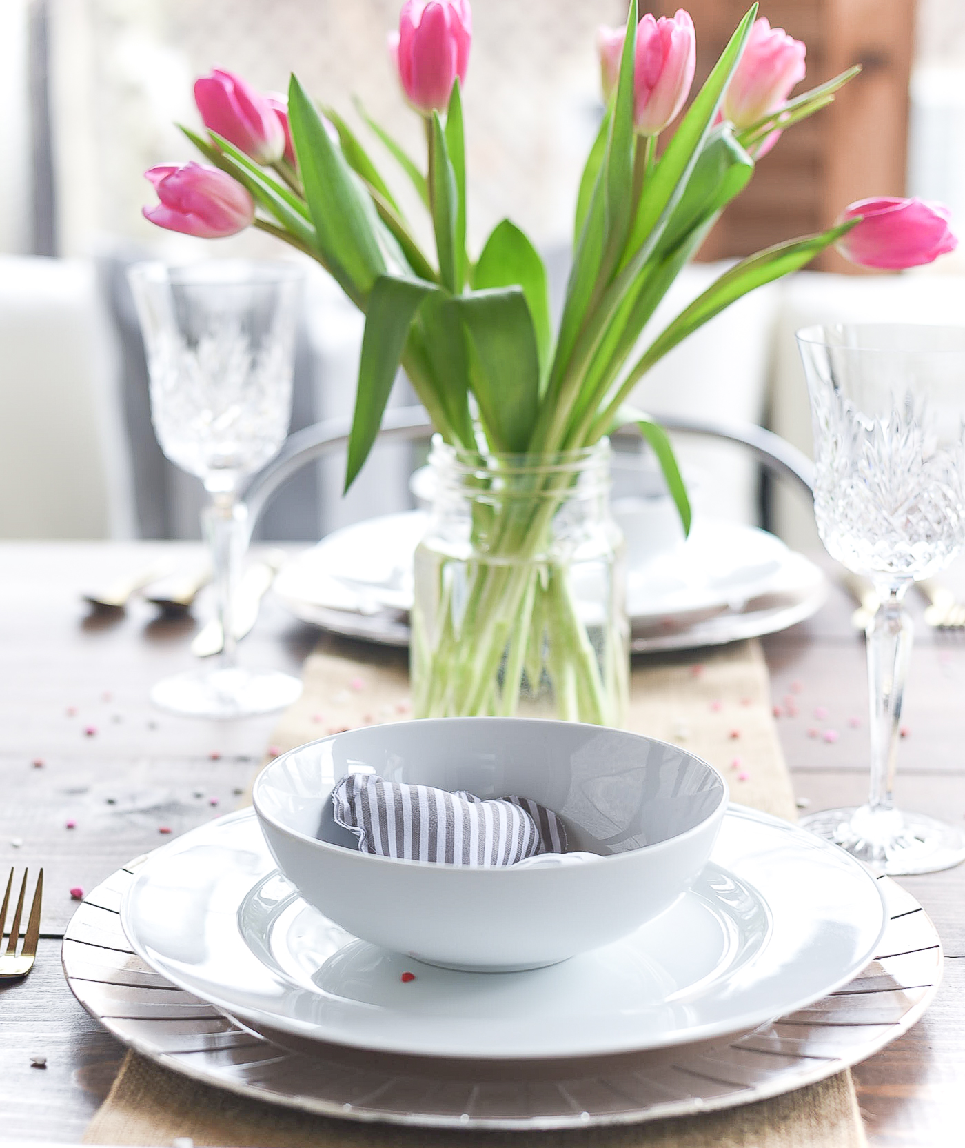 Neutral Valentine Table - Gray, White, Burlap, Gold Valentine Table Setting and Decor - Simple, Neutral Valentine Table - Valentine Table Setting in Gray, White, Pink