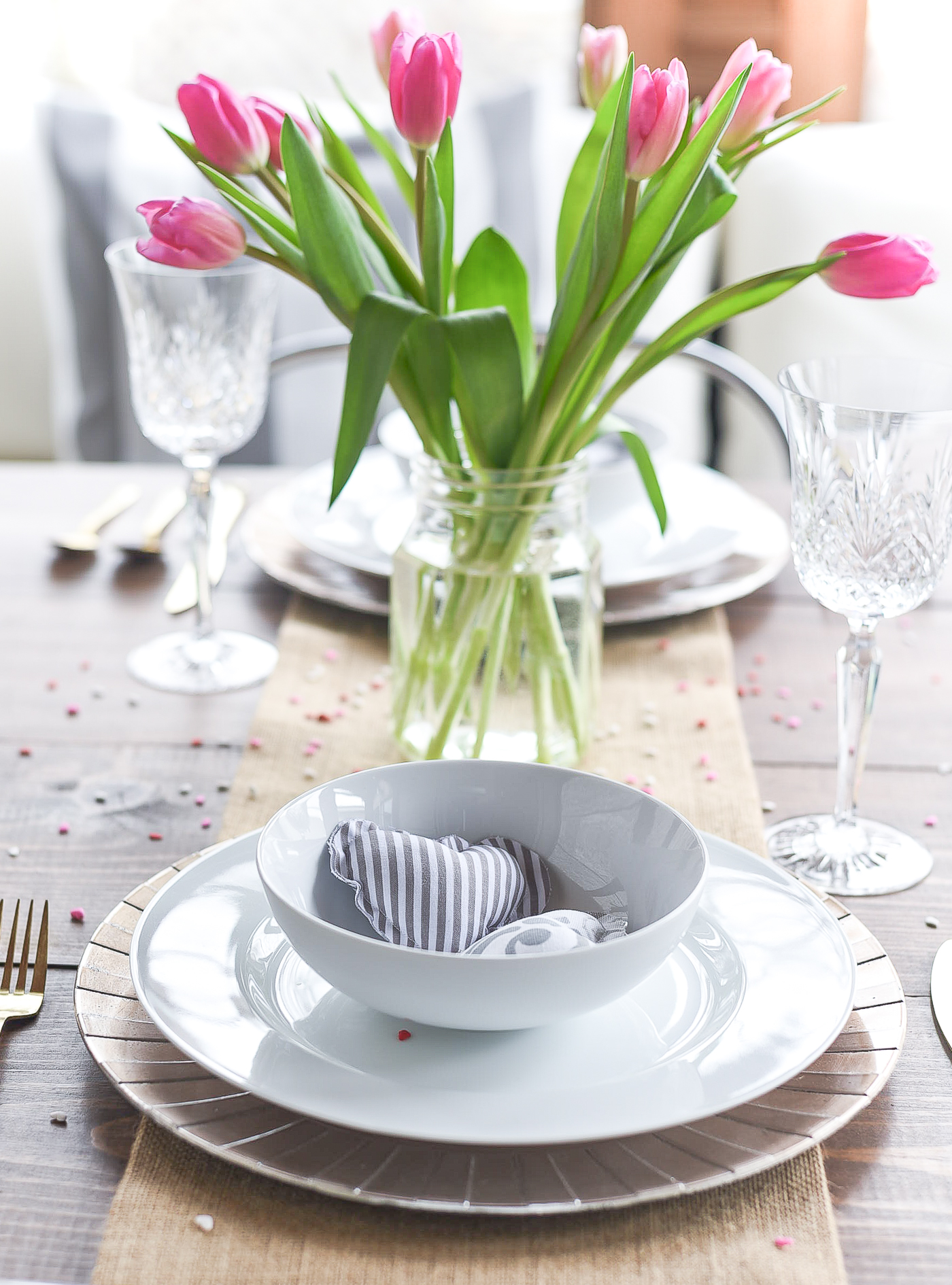Simple, Neutral Valentine Table - Valentine Table Setting in Gray, White, Pink