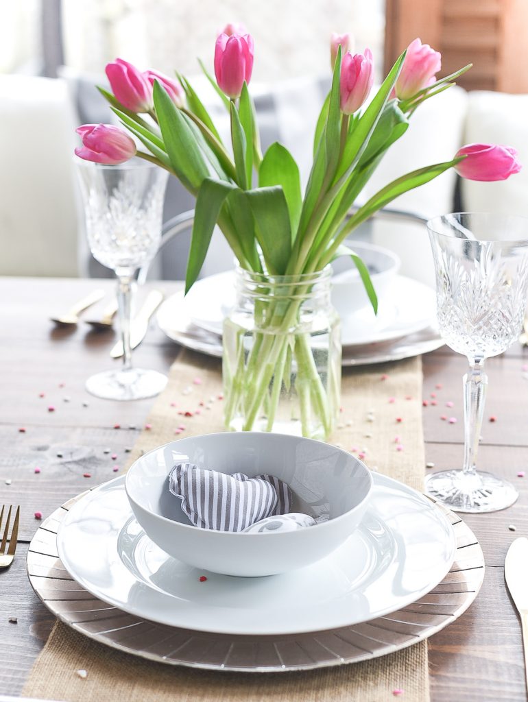 Neutral Valentine Table - Gray, White, Burlap, Gold Valentine Table Setting and Decor - Simple, Neutral Valentine Table - Valentine Table Setting in Gray, White, Pink