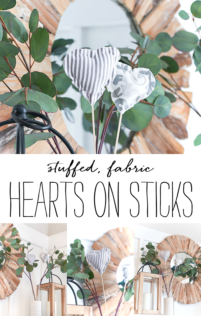 Fabric Stuffed Heartrs - Valentine's Day Craft Ideas - Netral Valentine Decor. How to sew stuffed hearts. Valentine's decor ideas. Valentine's Mantel Decorating Ideas.
