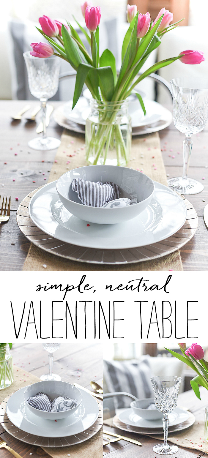 Neutral Valentine Table - Gray, White, Burlap, Gold Valentine Table Setting and Decor - Simple, Neutral Valentine Table - Valentine Table Setting in Gray, White, Pink