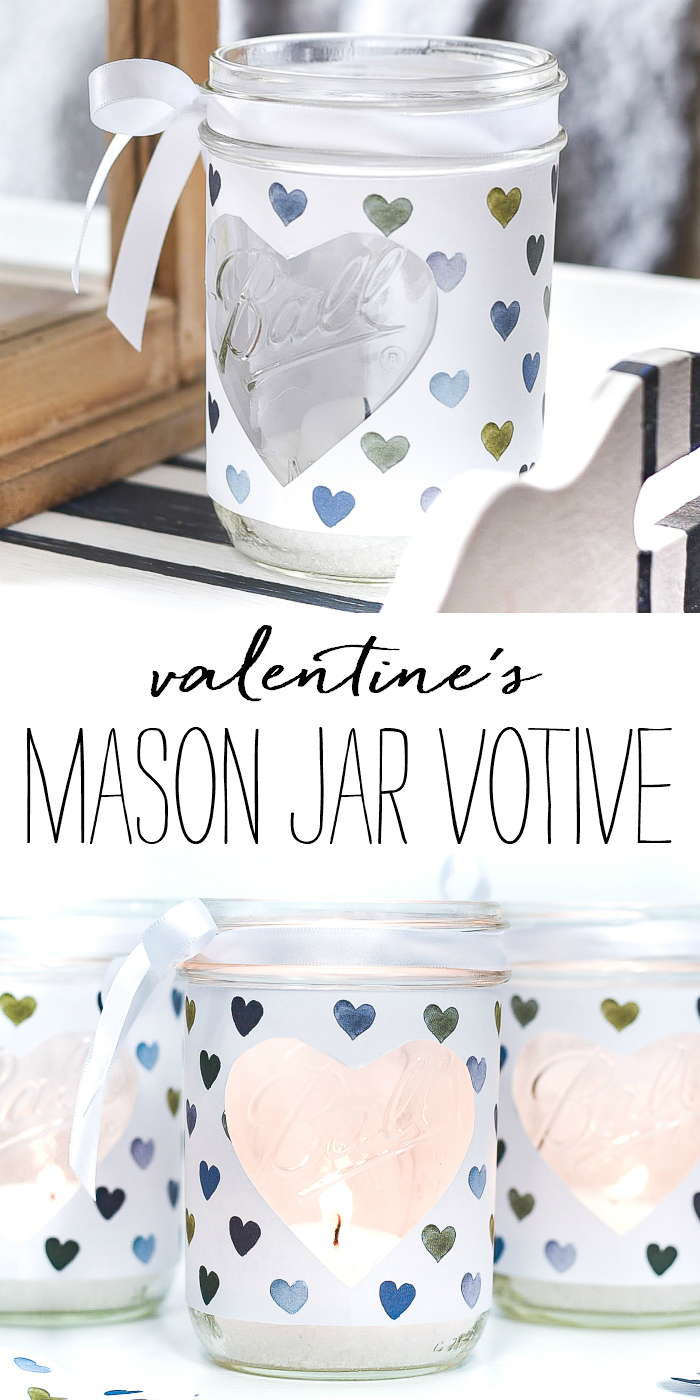 Heart Cut Out Mason Jar Votive - Easy Valentine Craft with Mason Jars, Scrapbook Paper. Scrapbook paper wrapped mason jar with hearts for Valentine's Day. Mason Jar Heart Votive for Valentine's.