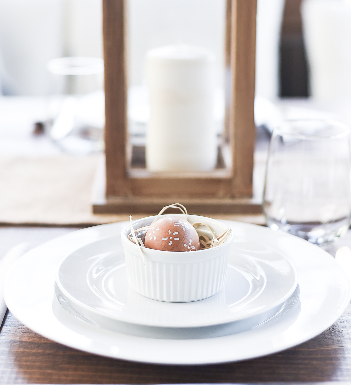 Easter Table Setting Idea - Neutral Easter Table in Brown, Beige, Burlap, White.