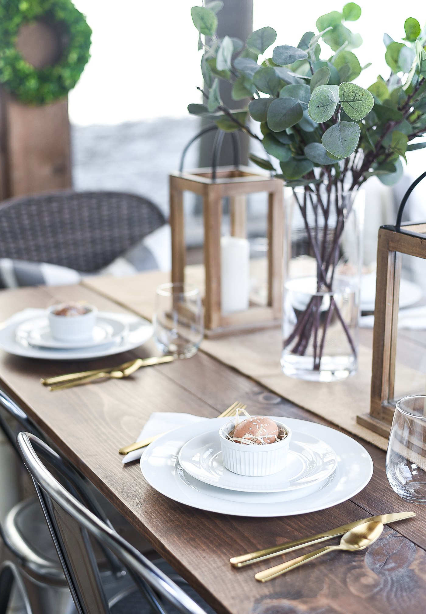 Easter Table Setting Idea - Neutral Easter Table in Brown, Beige, Burlap, White.