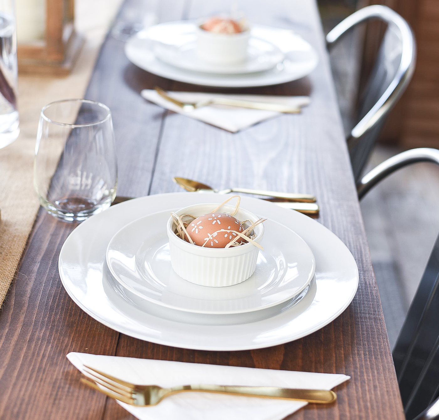 Easter Table Setting Idea - Neutral Easter Table in Brown, Beige, Burlap, White.