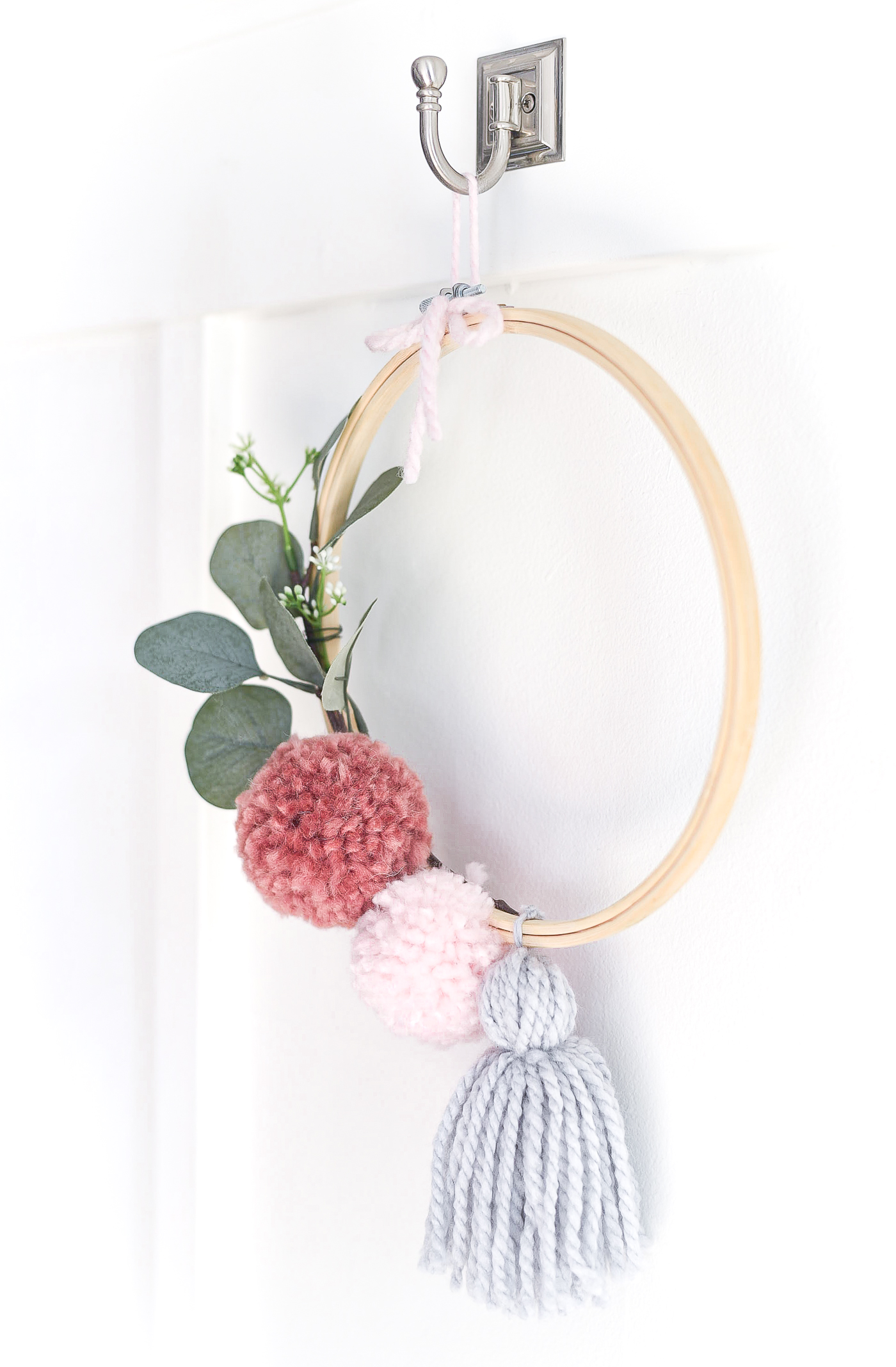 Pom Pom Embroidery Hoop Wreath for Spring - Pom Pom Wreath - Embroidery Hoop Wreath.