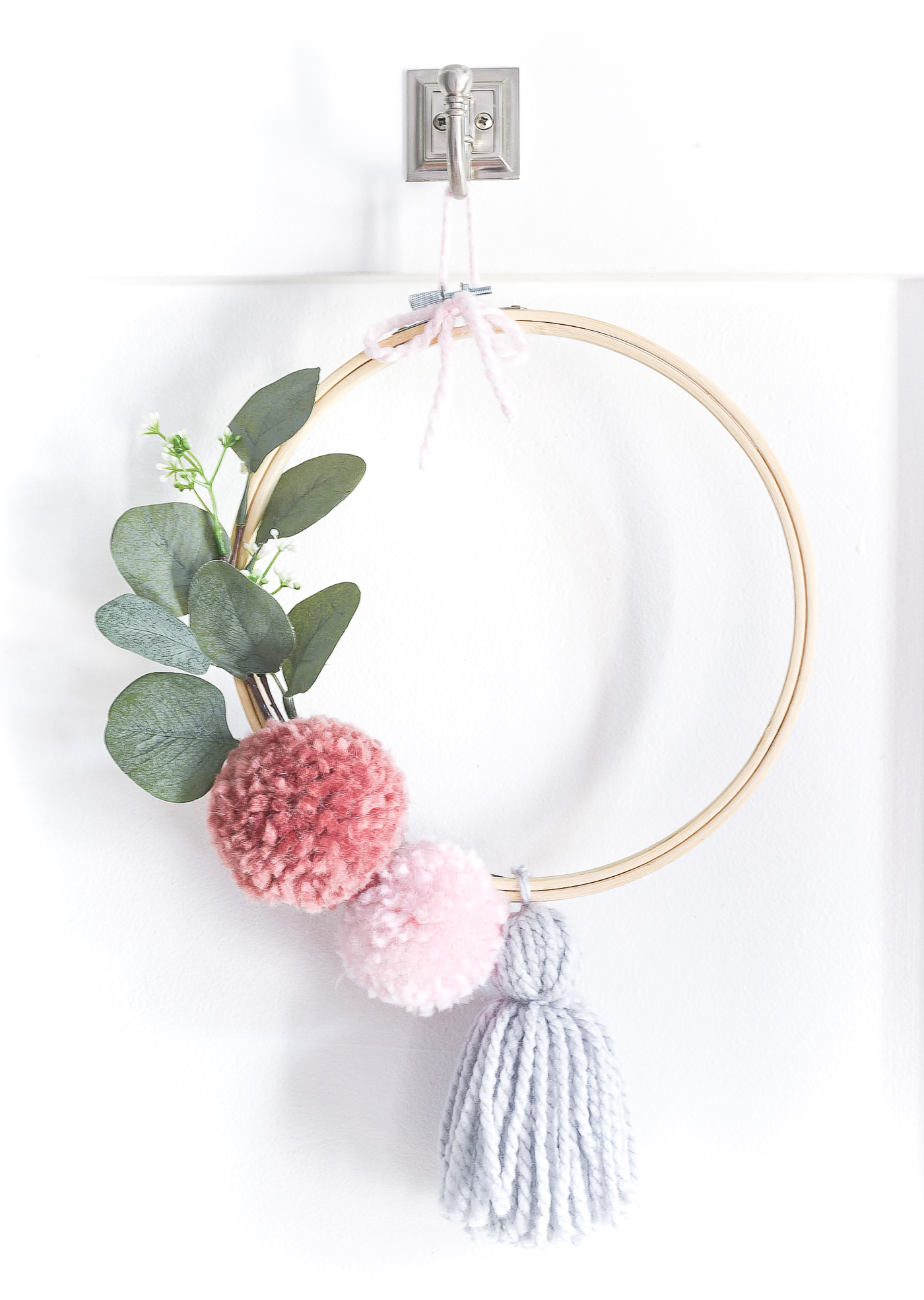 Pom Pom Embroidery Hoop Wreath for Spring - Pom Pom Wreath - Embroidery Hoop Wreath.