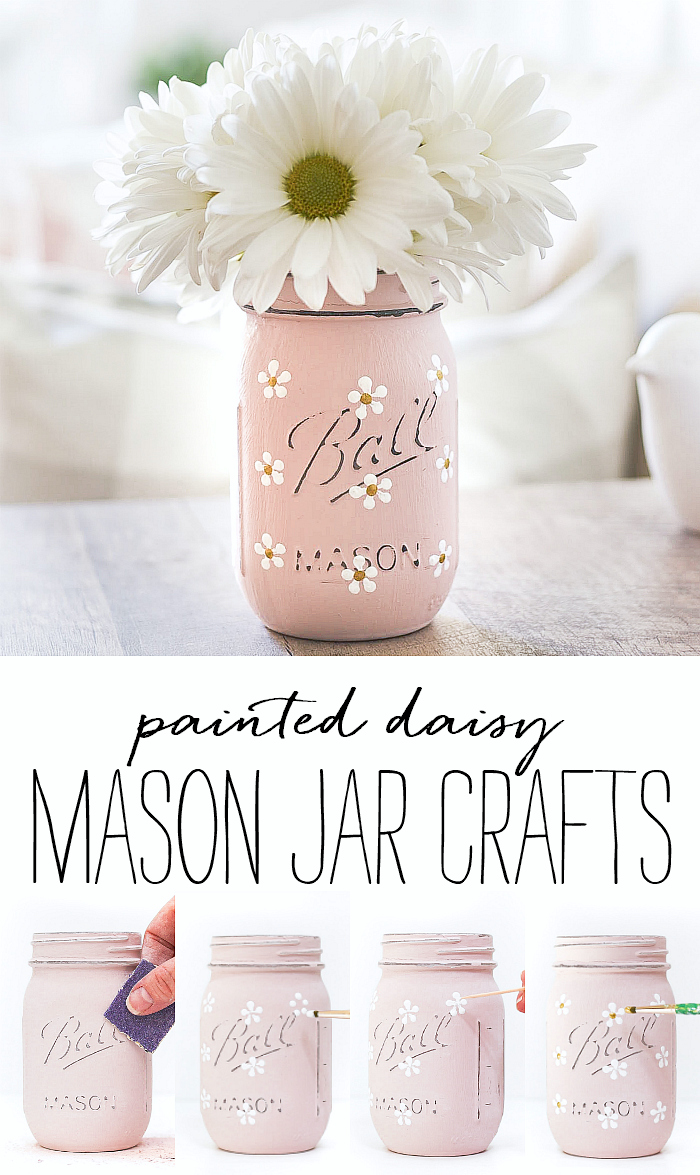 Painted daisy mason jar. How to paint daisies on mason jars. Blush pink painted mason jar with daisies. Mason jar crafts for spring, summer.