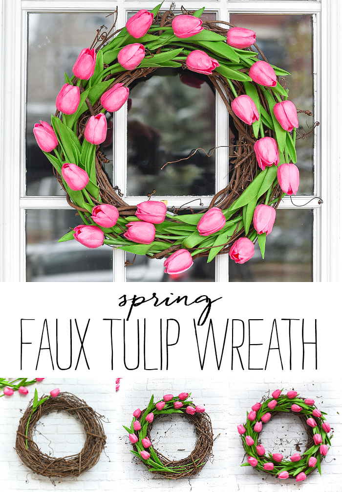 Tulip wreath for Spring. Spring wreath ideas. Faux tulip wreath. Pink wreath. Grapevine wreath DIY. Easy wreath diy tutorial.