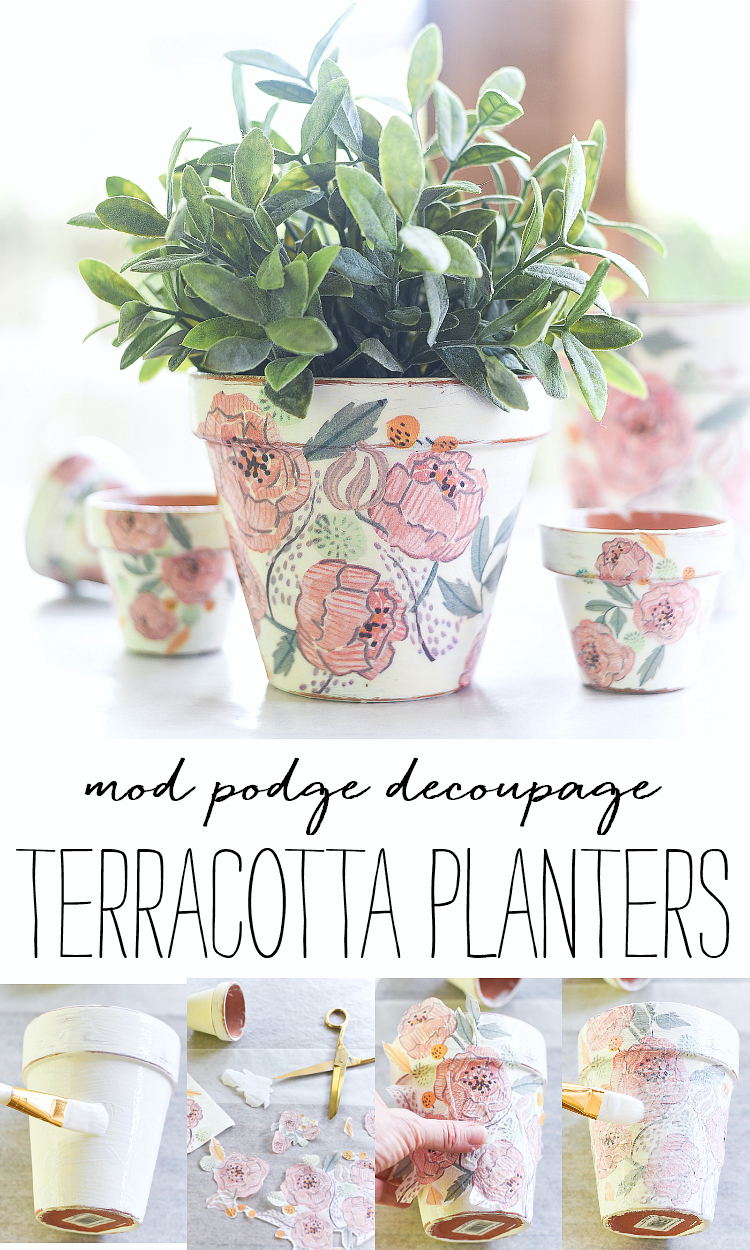 Decoupage terracotta pots. Mod Podge decoupage. How to decoupage planters with Mod Podge and paper napkins. Paper napkin decoupage.