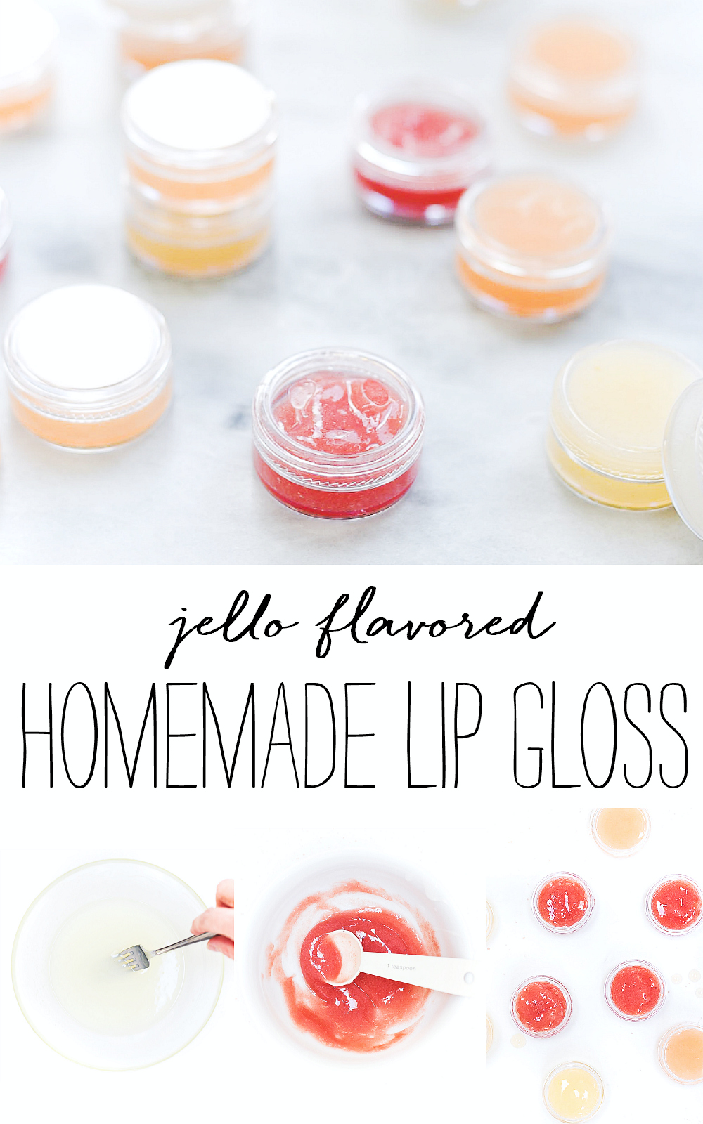 Homemade lip gloss with Jello. Jello lip gloss. How to make lip gloss with coconut oil and Vaseline and Jello.