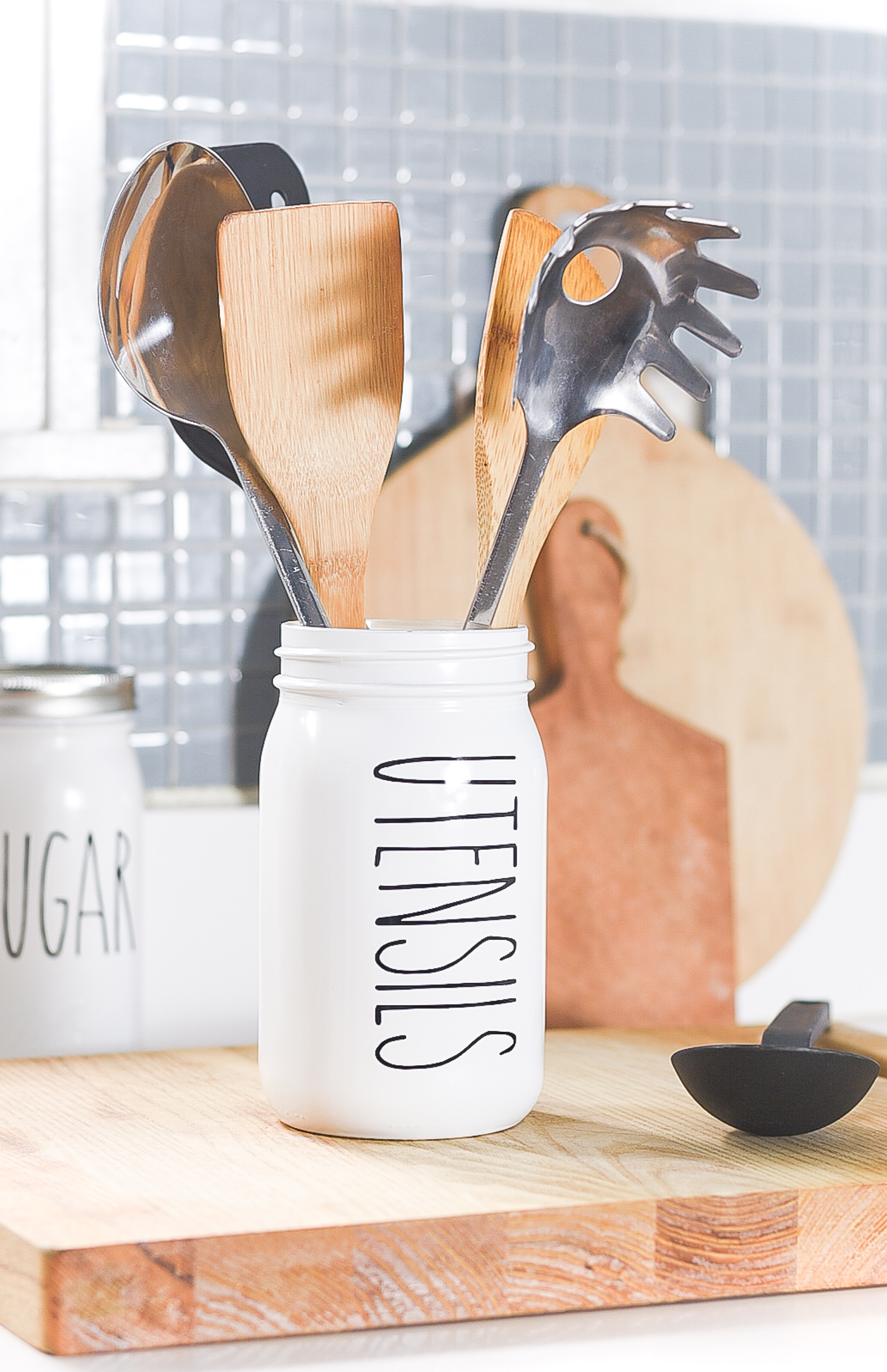 DIY Mason Jar Kitchen Utensil Holder - The Happy Farmhouse