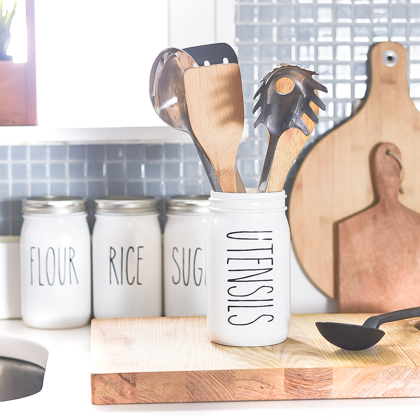 DIY Mason Jar Kitchen Utensil Holder - The Happy Farmhouse