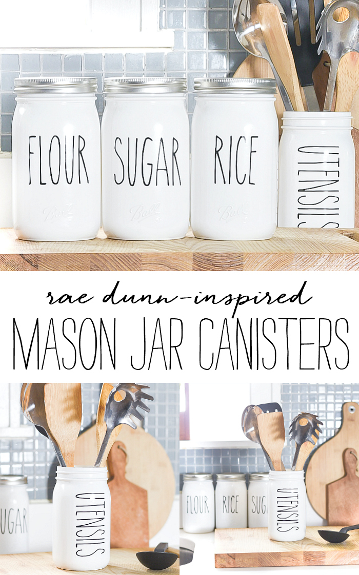 Rae Dunn-inspired mason jar kitchen canisters. Mason jar canister ideas. How to make Rae Dunn pottery, porcelain, canisters. DIY Rae Dunn masons jars.