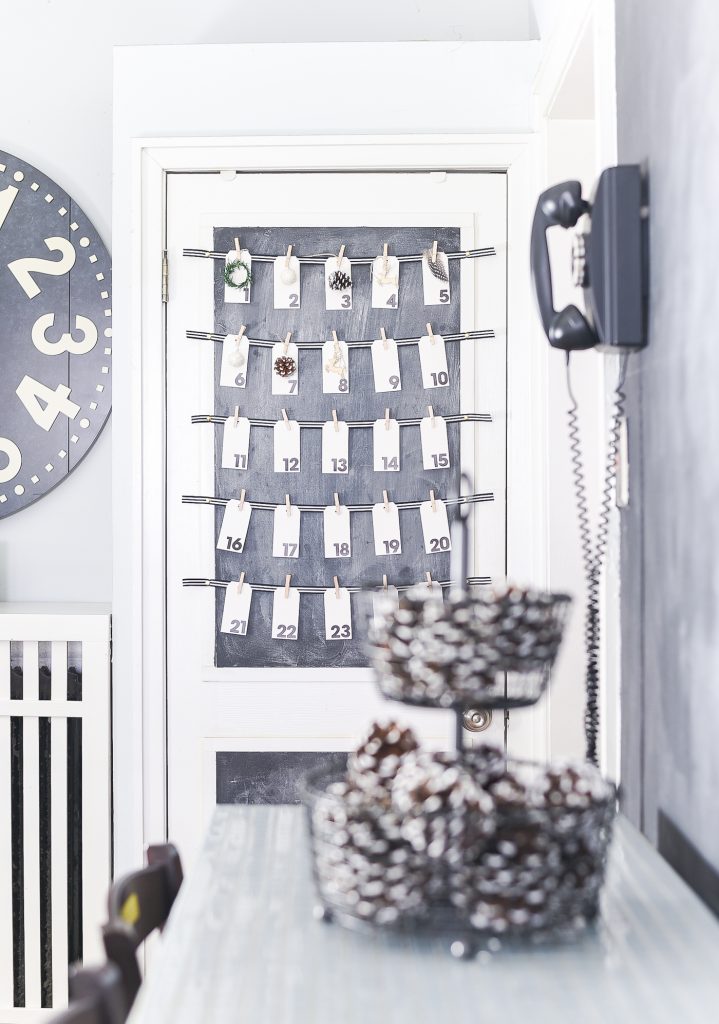 Countdown to Christmas Calendar DIY. Christmas Kitchen with Mini Wreaths on Kitchen Cabinet Doors. How to Hange Mini Wreaths on Cabinet Doors. Mini Wreaths with Black and White Ribbon Decor Ideas. Black and White Christmas Decor Ideas.