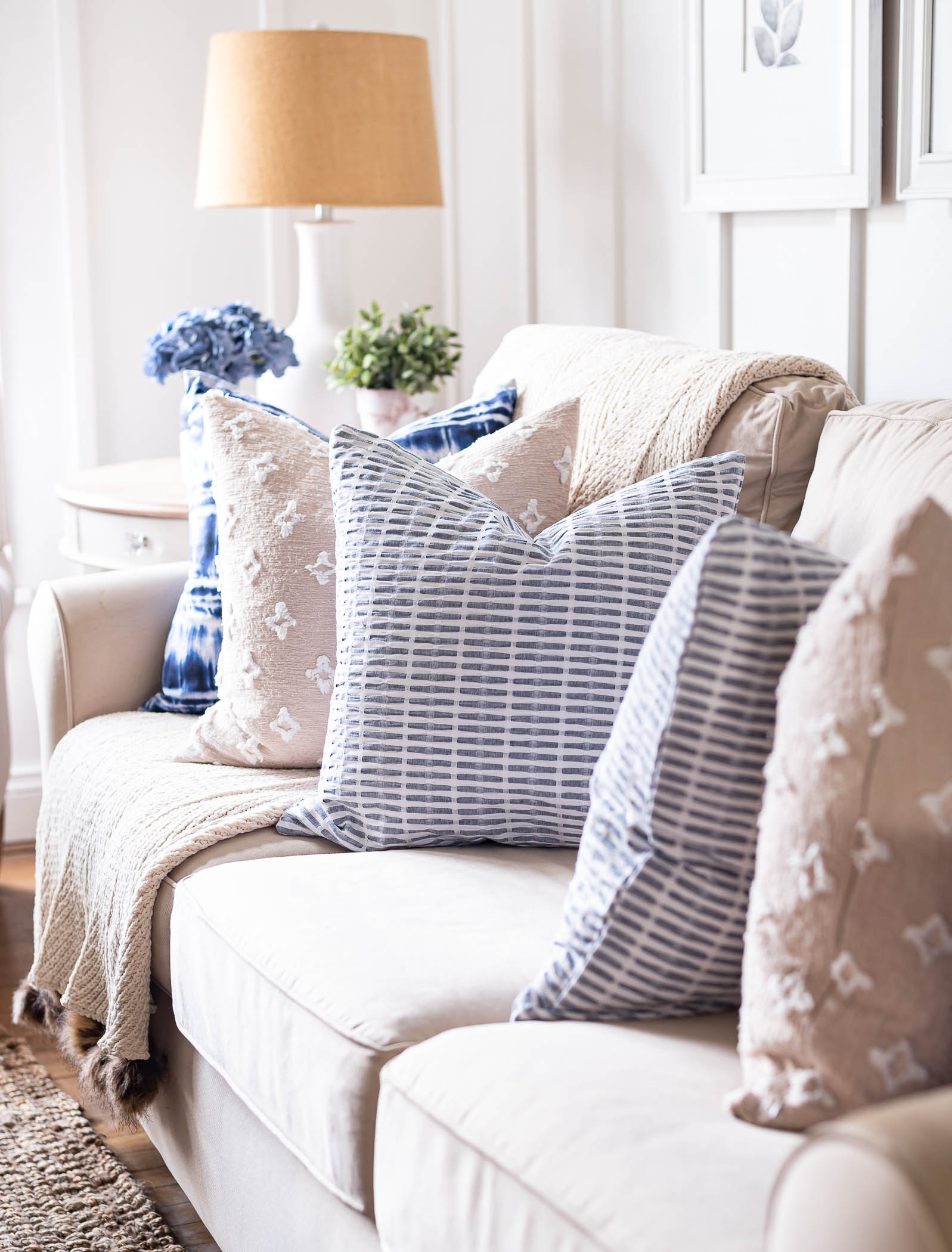Pottery Barn Tan Couch, Blue and White Seersucker Pillow Covers; Blue and White Spring Decor