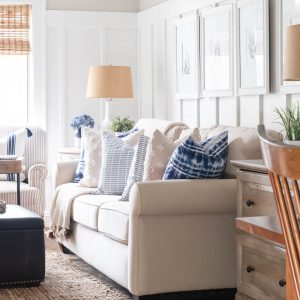 Pottery Barn Couch in Beige, Tan, Neutral; Board and Batten Walls, Gray Walls, Blue and White Spring Decor Ideas