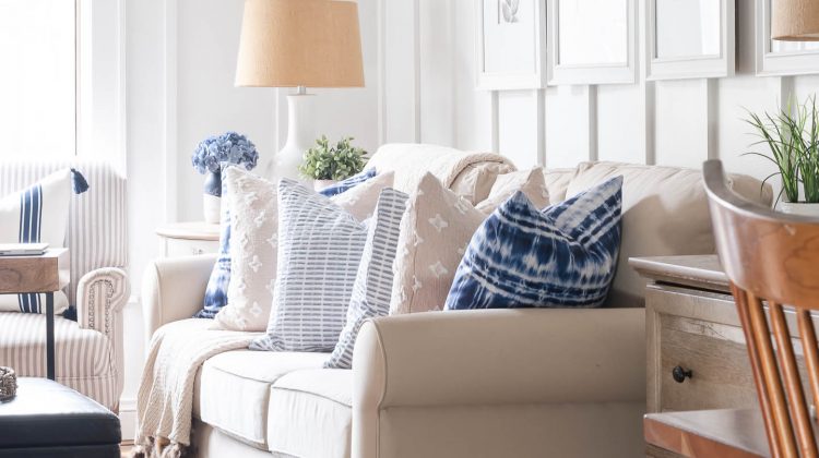 Pottery Barn Couch in Beige, Tan, Neutral; Board and Batten Walls, Gray Walls, Blue and White Spring Decor Ideas