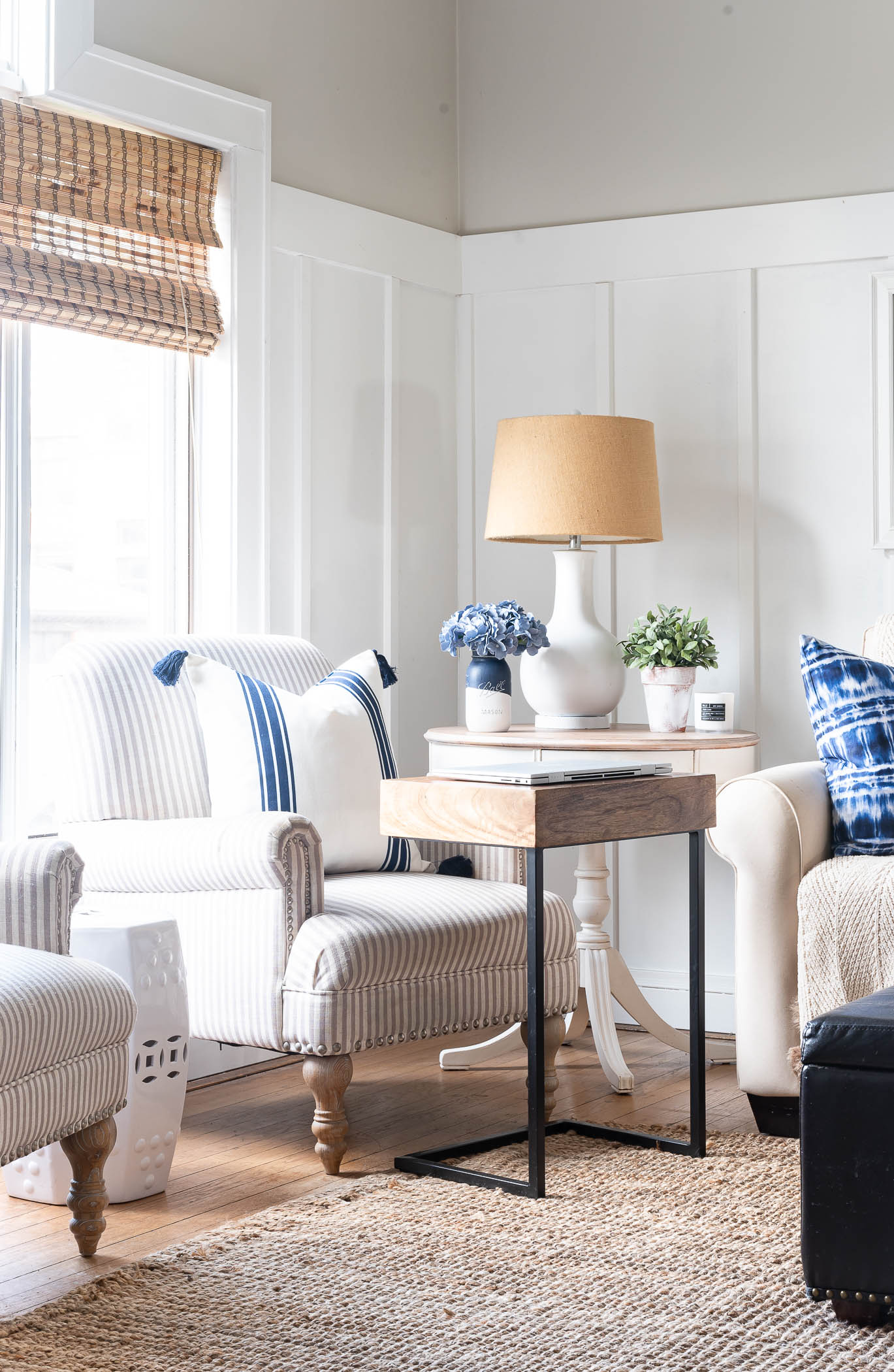 Neutral Living Room, Board and Batten Living Room, gray living room, blue and white decor