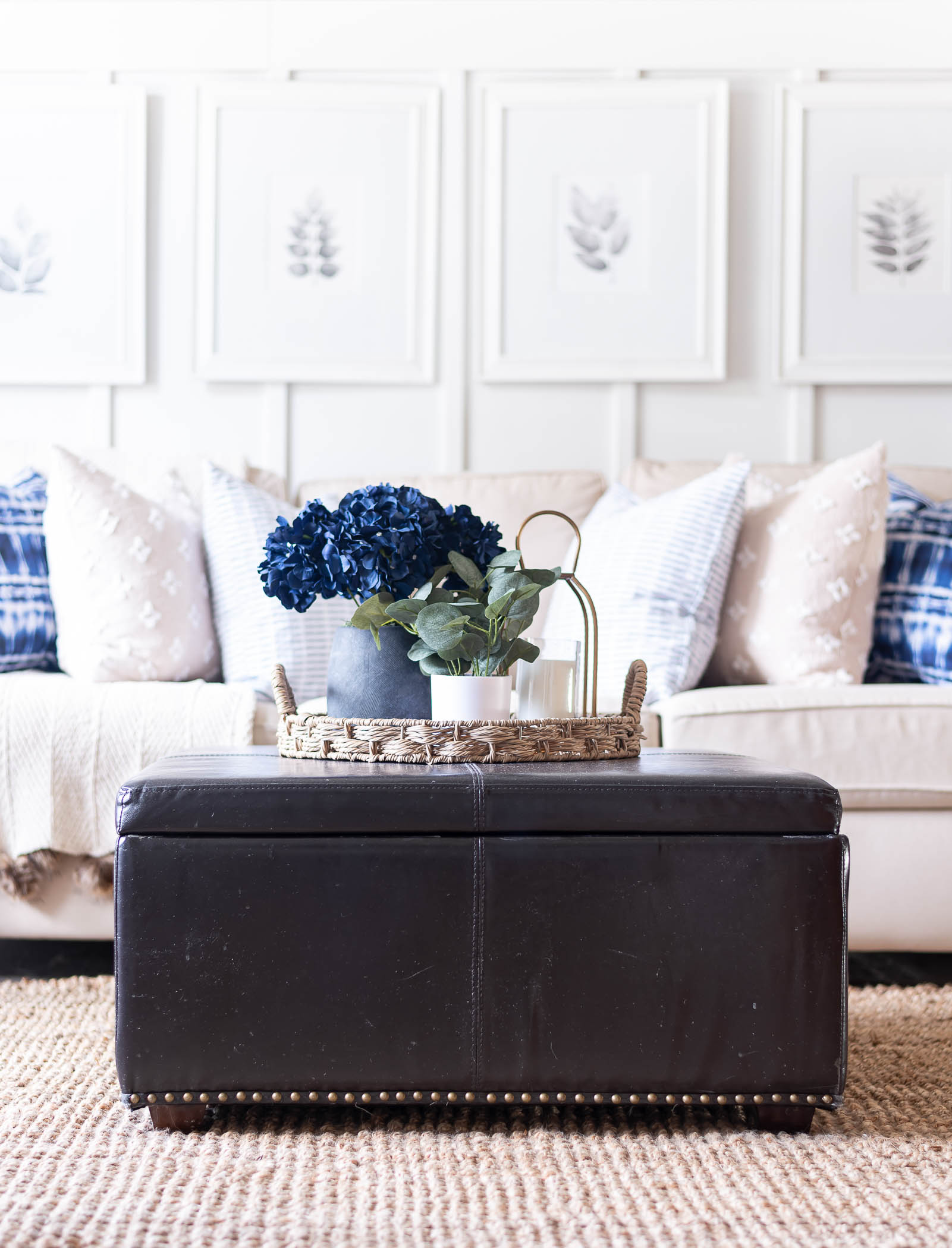 blue white spring decor ideas; how to hang artwork on board and batten walls