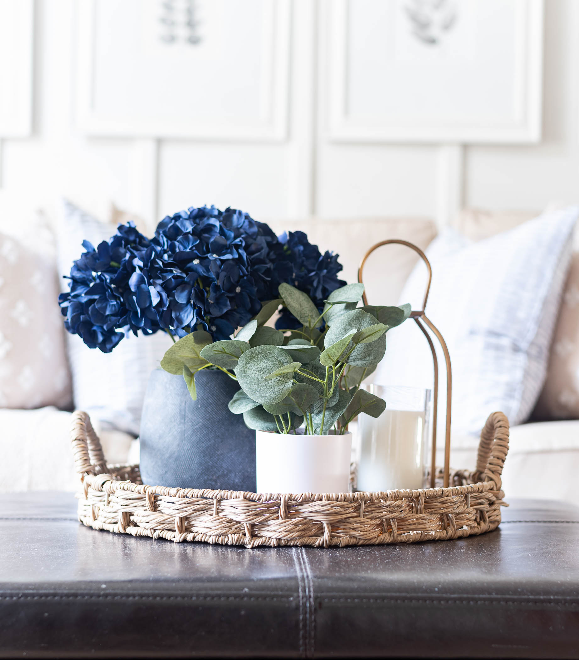 Coffee Table Decorating Wicker Tray, Faux Plant, Blue Hydrangeas, Gold Candle Holder