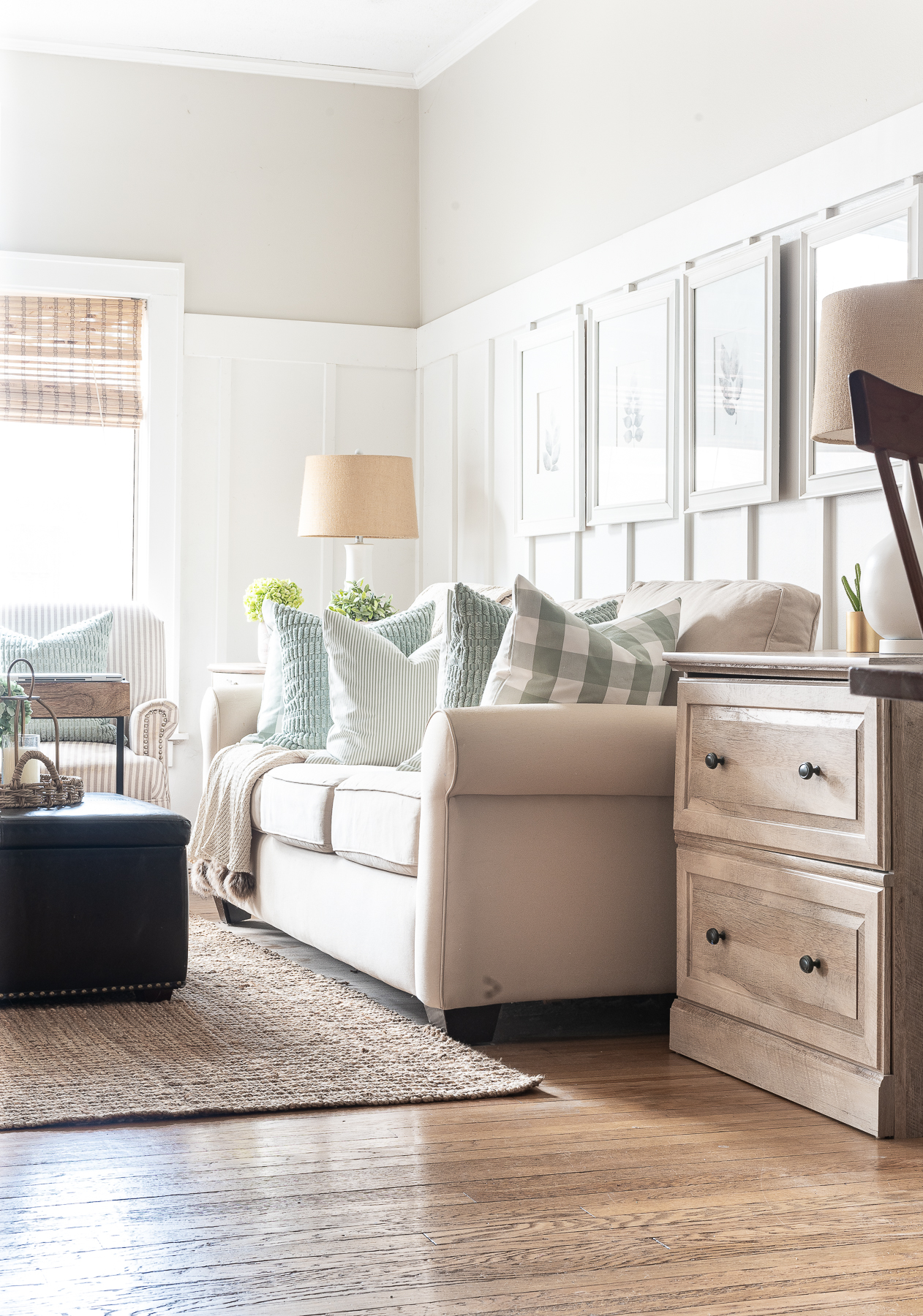 Board and batten living room - neutral living room - gray walls living room - green and white decor - gray, green, white decor