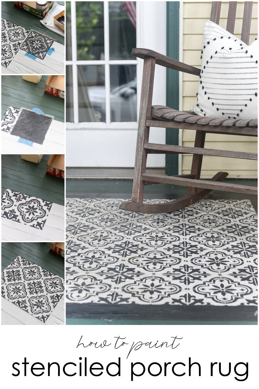 How to stencil a rug on your front porch with chalk paint. Chalk paint stencil how to. Painting rug on porch landing.