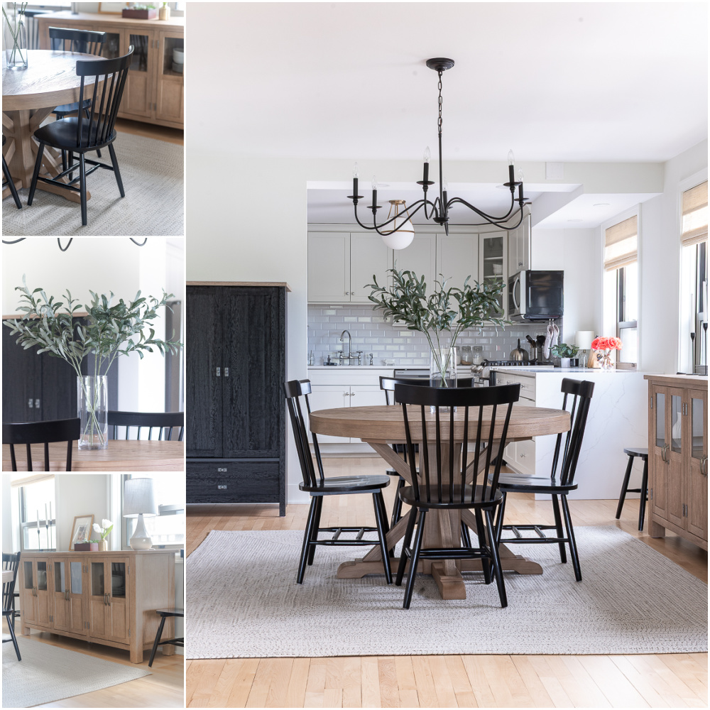 Neutral, White, Wood, Black Dining Room - Chicago Condo Dining Room Reveal - Black Iron Chandelier, Round Table, Black Windsor Chairs