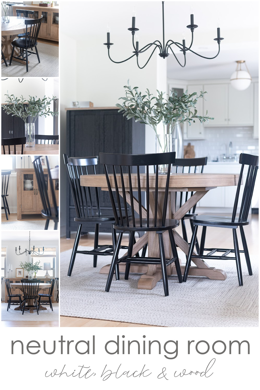 Neutral, White, Wood, Black Dining Room - Chicago Condo Dining Room Reveal - Black Iron Chandelier, Round Table, Black Windsor Chairs