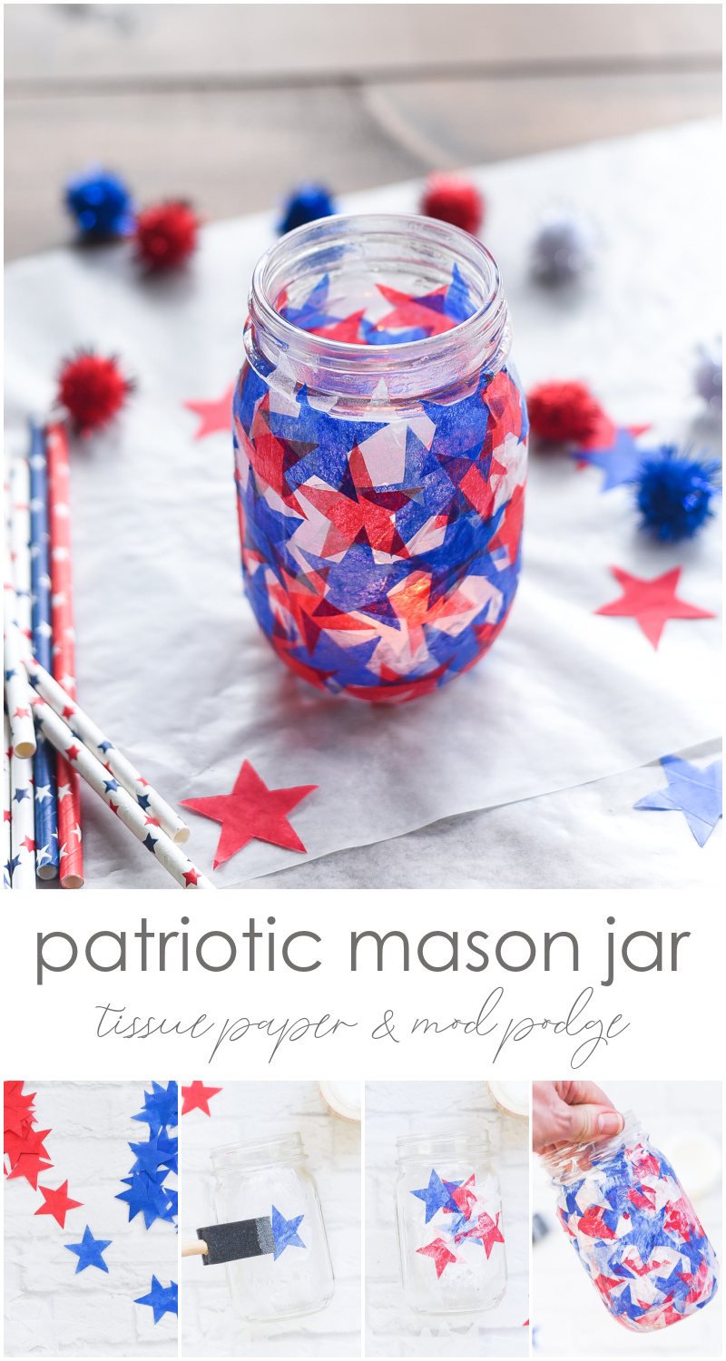 Tissue paper stained glass mason jar craft. Red white blue tissue paper craft. Mod Podge jar in red, white blue. Star shaped tissue paper decoupage mason.