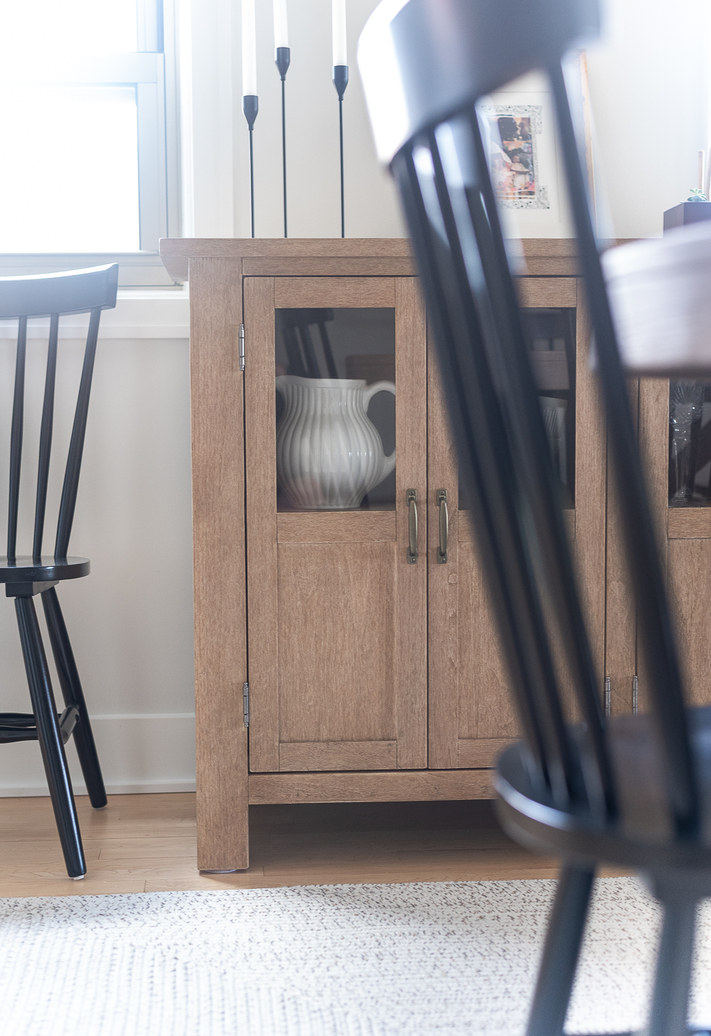 Neutral, White, Wood, Black Dining Room - Chicago Condo Dining Room Reveal - Black Iron Chandelier, Round Table, Black Windsor Chairs