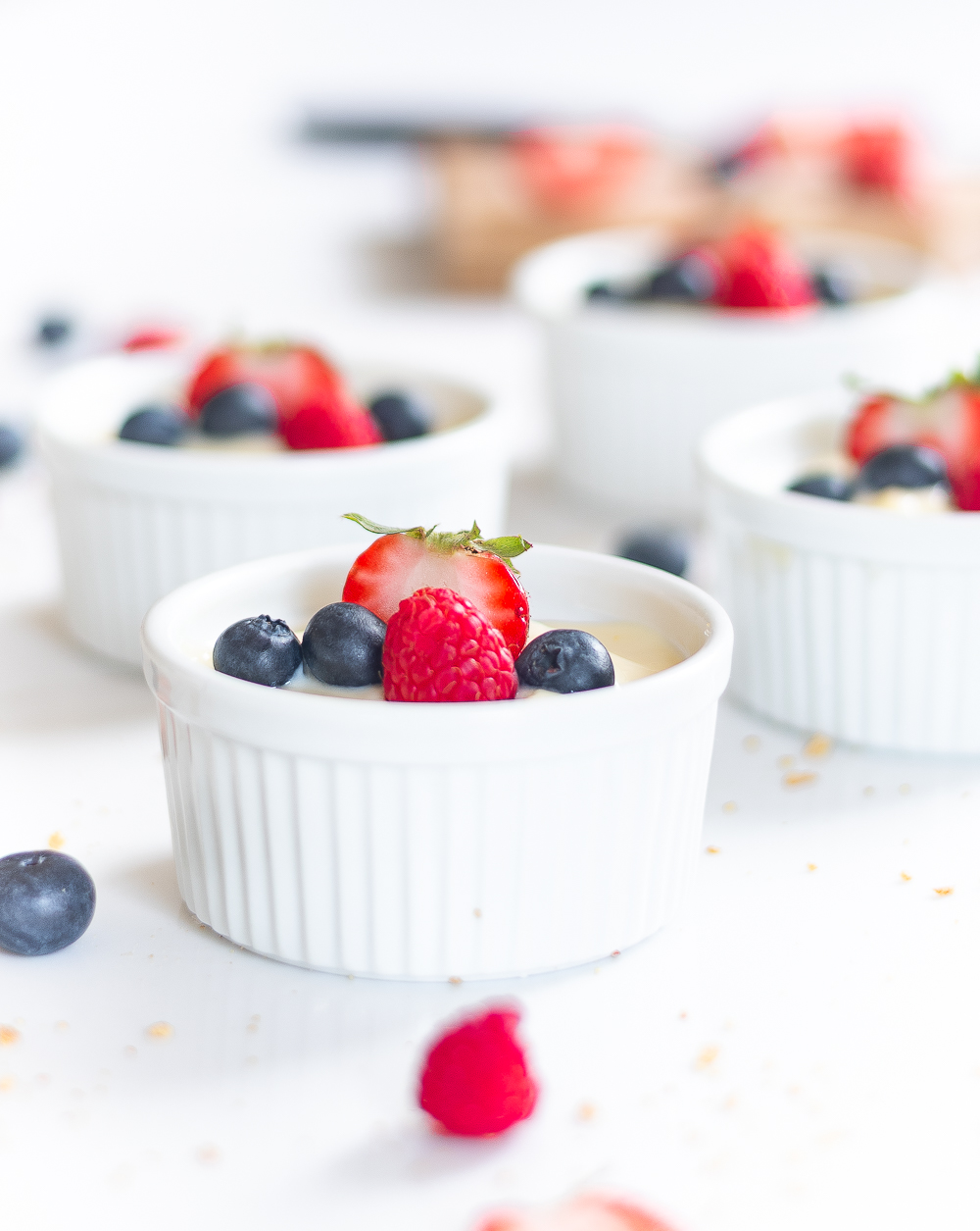 Fourth of July Dessert Ideas. Red, White, Blue Dessert for 4th of July, Memorial Day, Labor Day. Cheesecake pudding and Mixed Berries. Mini Cheesecake Desserts. Ramekin Dessert for One.