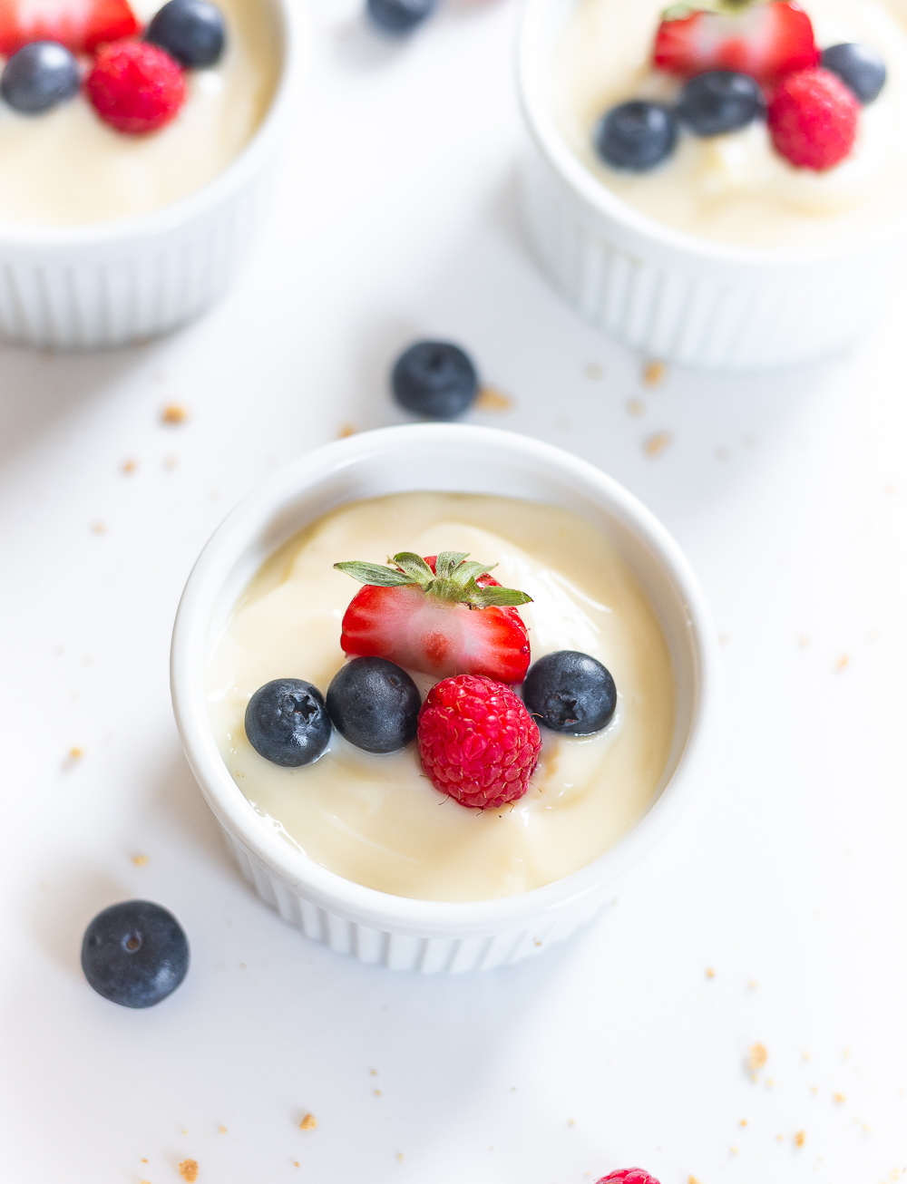 Cheesecake pudding and Mixed Berries. Mini Cheesecake Desserts. Ramekin Dessert for One. Fourth of July Dessert Ideas. Red, White, Blue Dessert for 4th of July, Memorial Day, Labor Day.