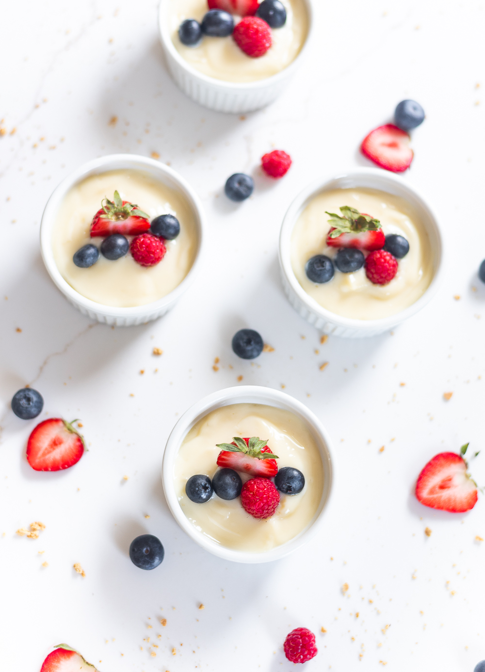 Fourth of July Dessert Ideas. Red, White, Blue Dessert for 4th of July, Memorial Day, Labor Day. Cheesecake pudding and Mixed Berries. Mini Cheesecake Desserts. Ramekin Dessert for One.